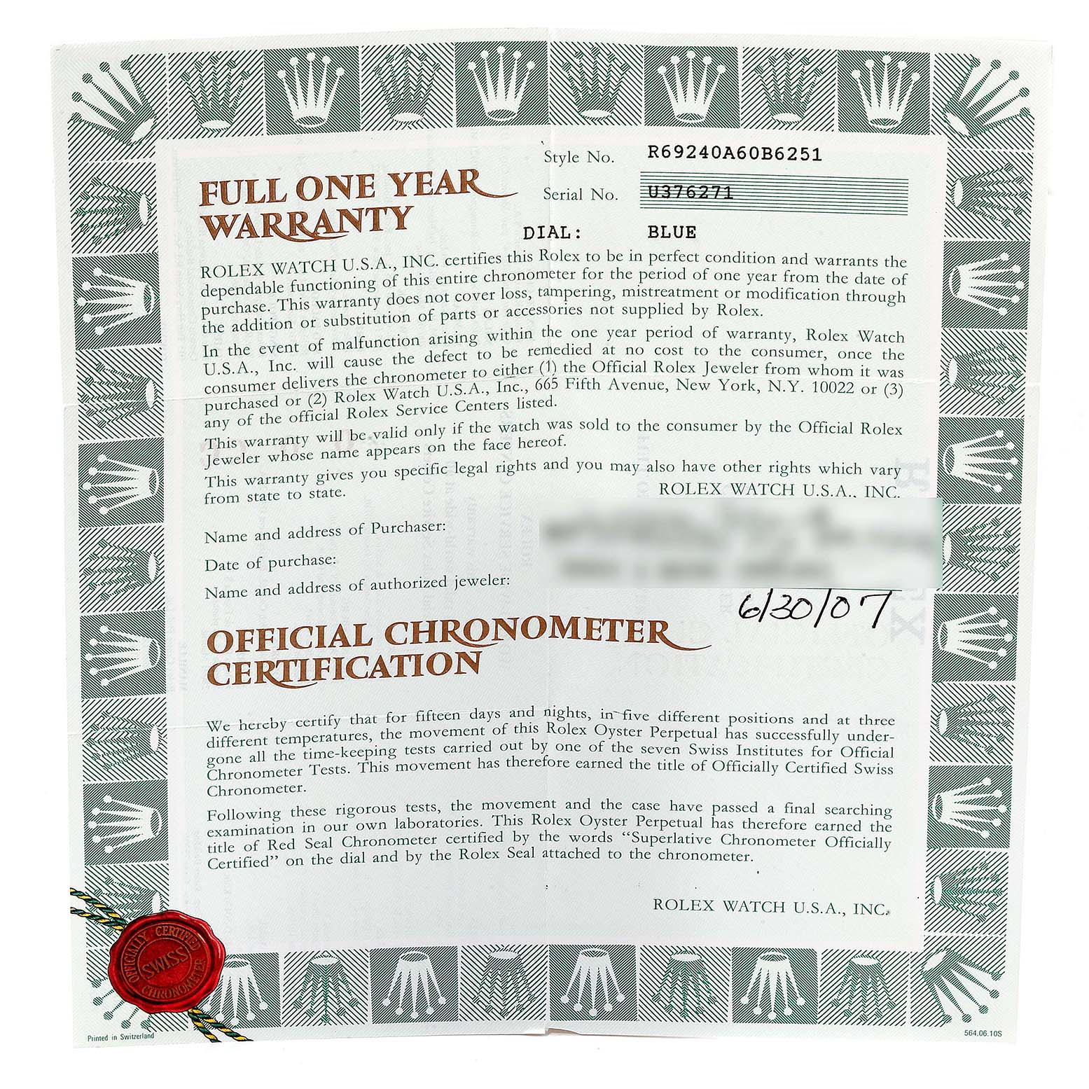 The image shows the warranty and official chronometer certification for a Rolex Datejust 69240  Women's Stainless Steel Blue Dial 69240  Women's Stainless Steel Blue Dial model watch.