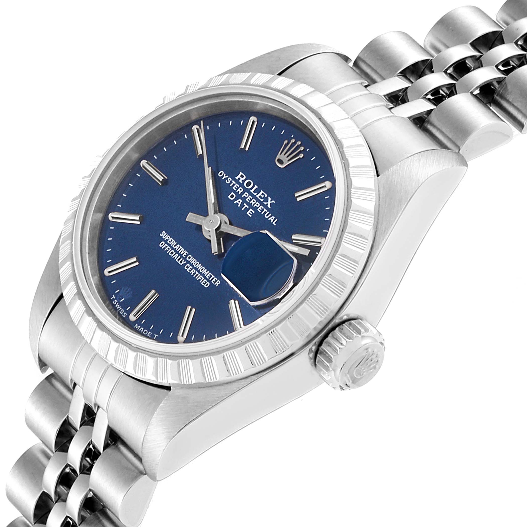 The image shows a Rolex Datejust 69240  Women's Stainless Steel Blue Dial 69240  Women's Stainless Steel Blue Dial watch at a slight side angle, highlighting the face, bezel, crown, and part of the bracelet.