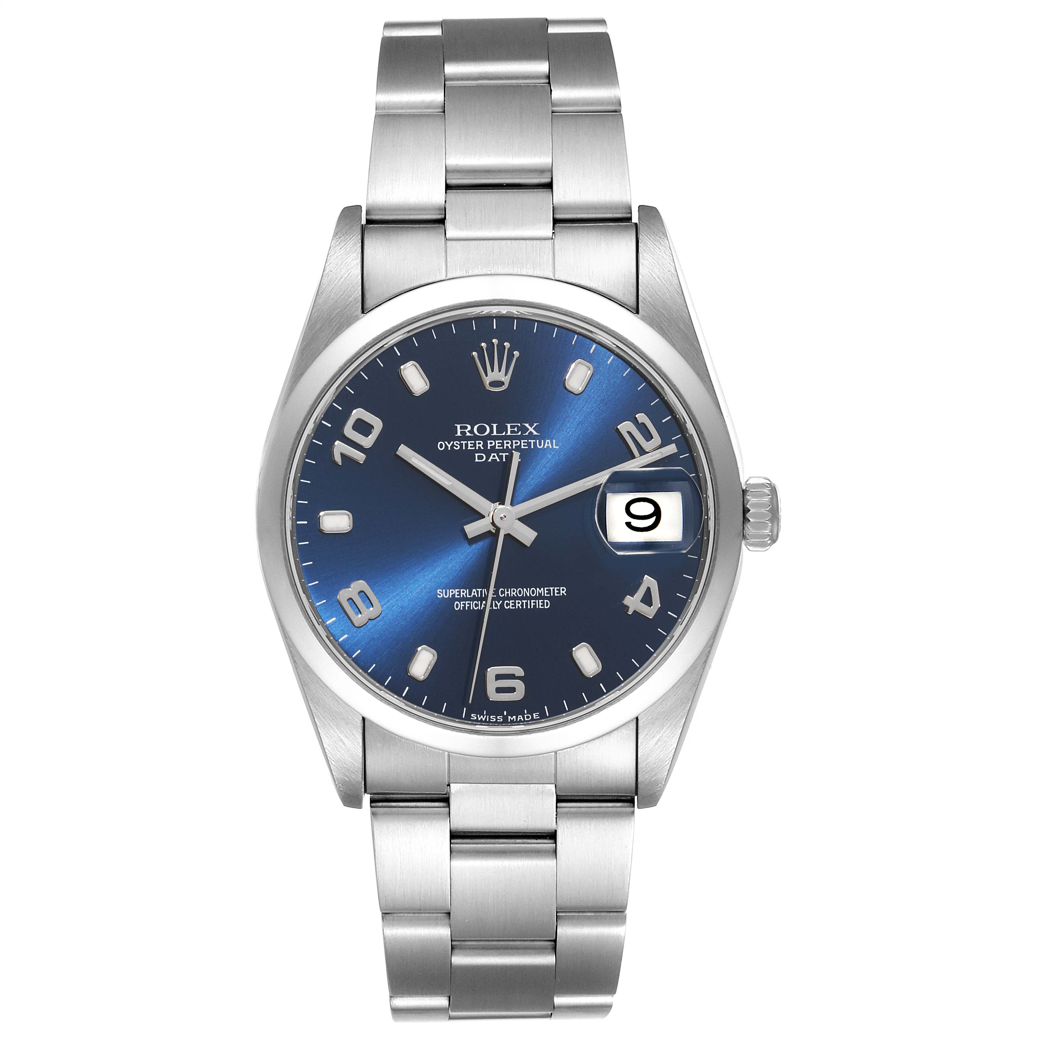 The image shows a Rolex Date 15200 Men's Stainless Steel Blue Dial 15200 Men's Stainless Steel Blue Dial model watch from a frontal angle, highlighting its blue dial, date window, and stainless steel bracelet.