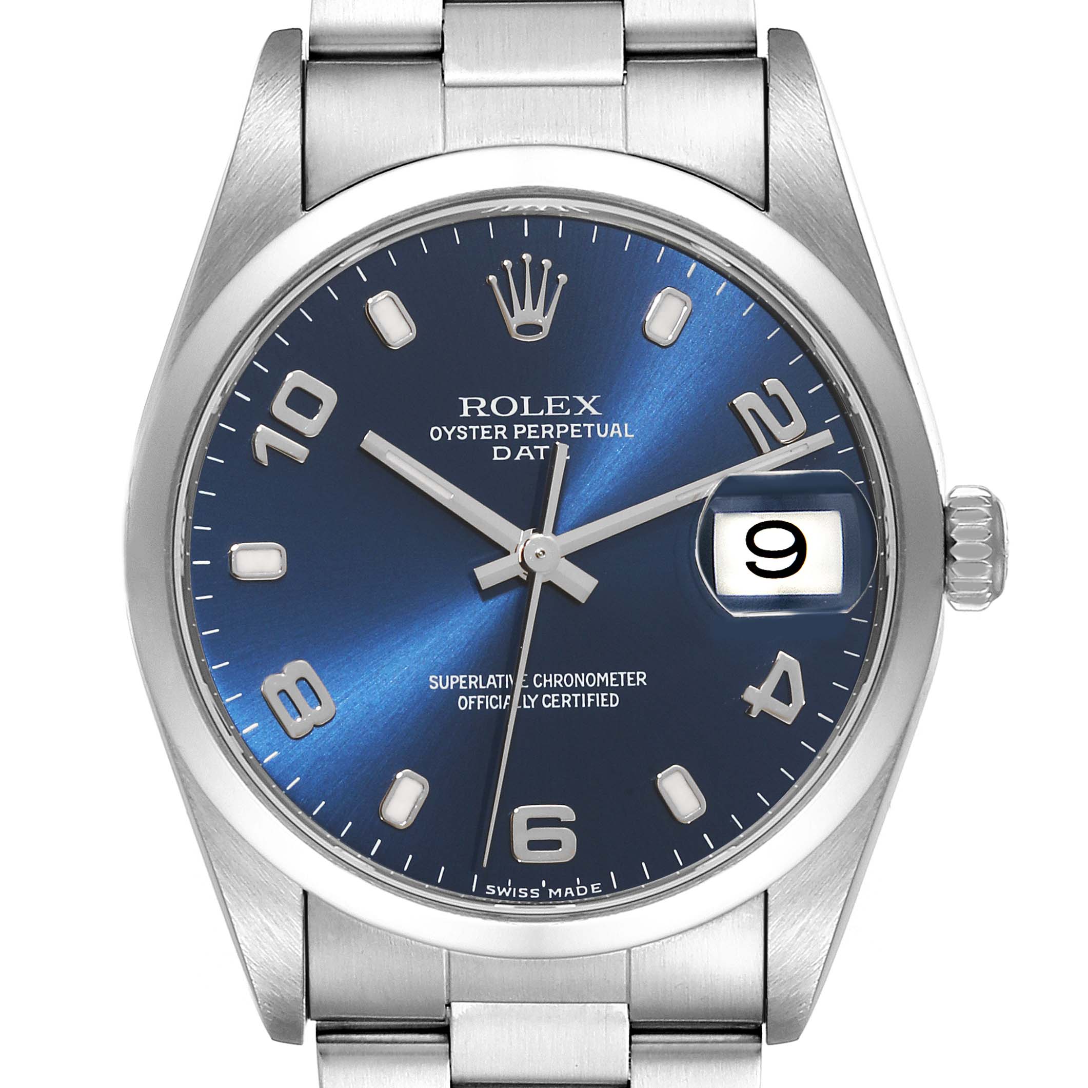 This is a frontal view of the Rolex Date 15200 Men's Stainless Steel Blue Dial 15200 Men's Stainless Steel Blue Dial model watch, showing its blue dial, hands, date window, and bracelet.