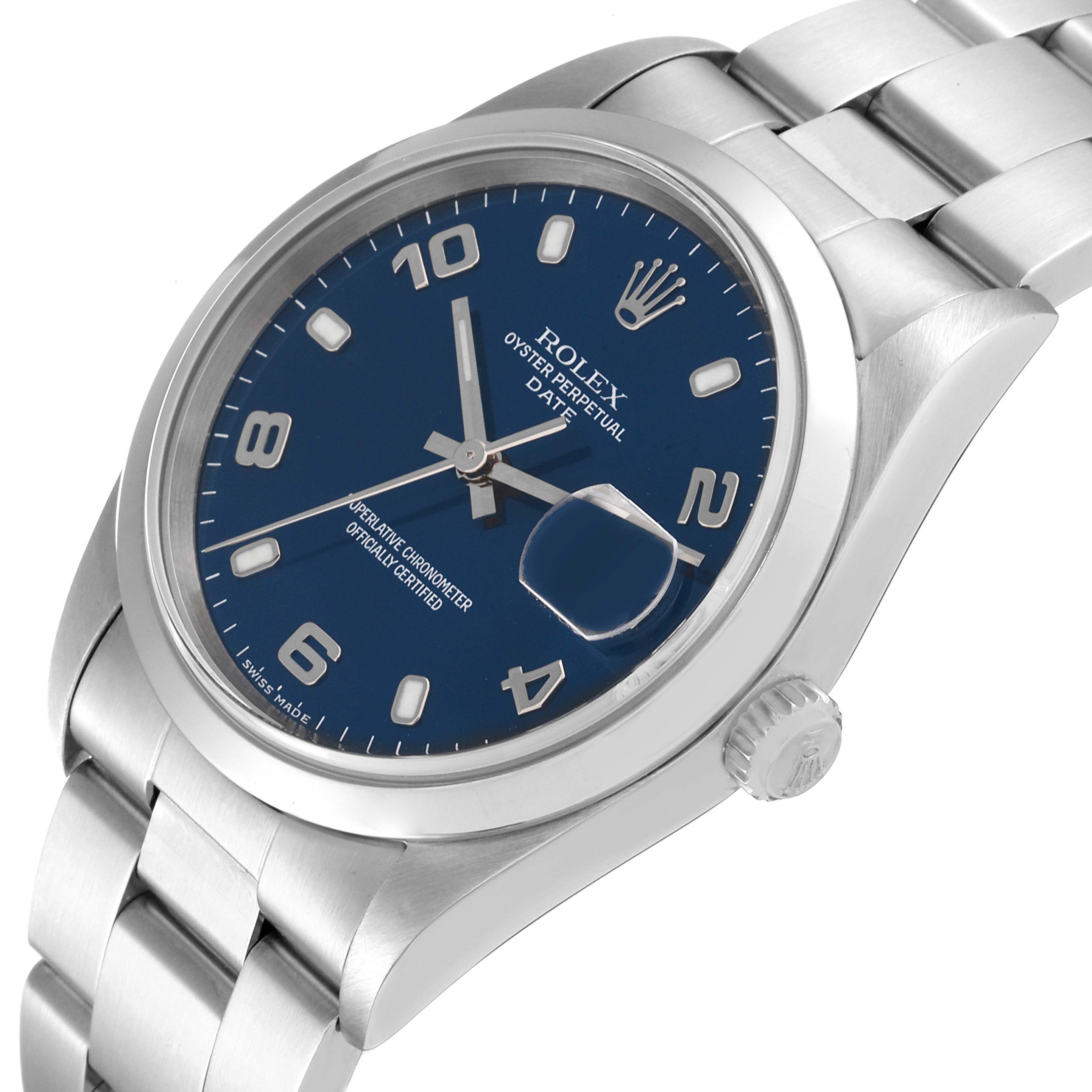The image shows a close-up, angled view of the Rolex Date 15200 Men's Stainless Steel Blue Dial 15200 Men's Stainless Steel Blue Dial model watch, focusing on the dial, crown, and part of the bracelet.