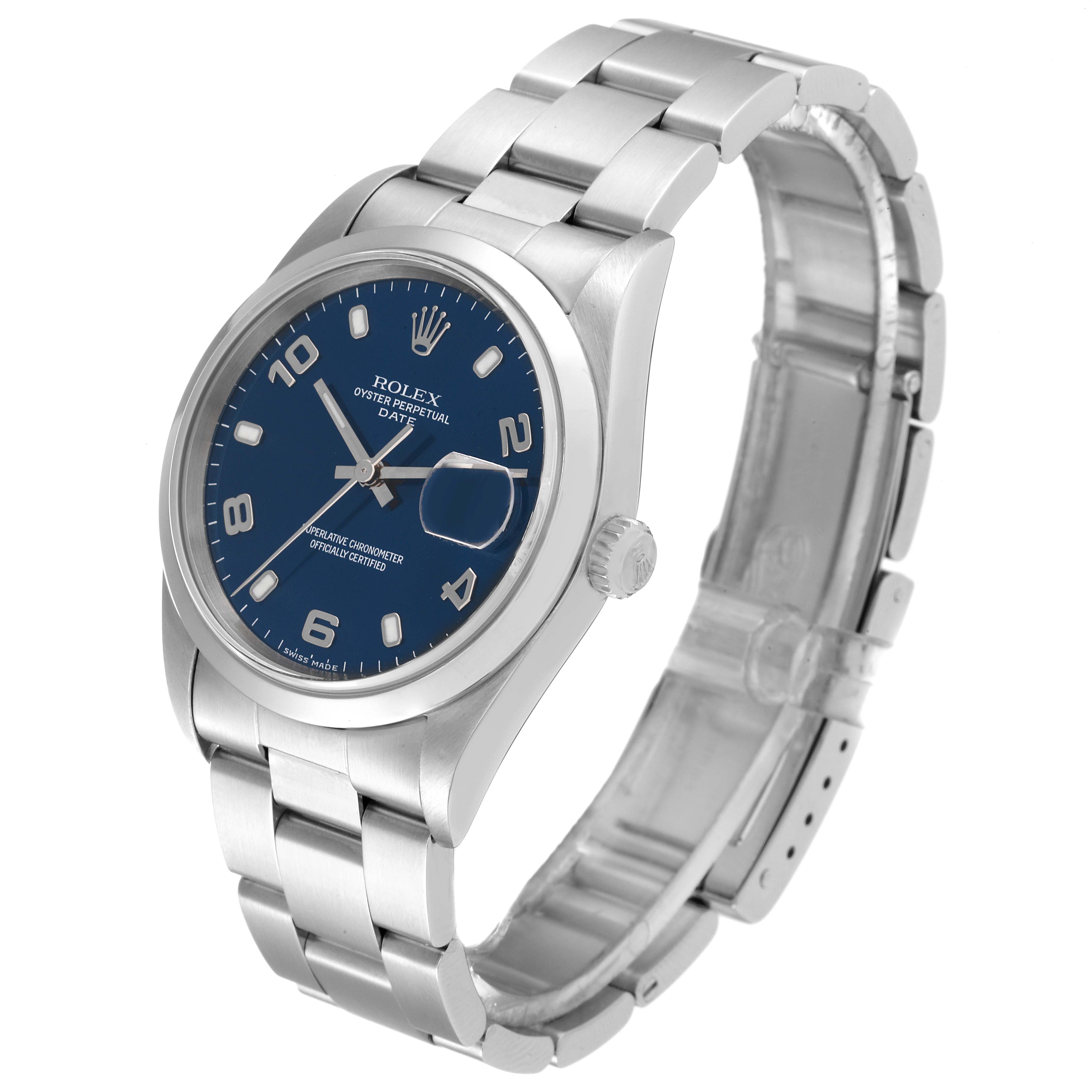 This image shows a front-angle view of the Rolex Date 15200 Men's Stainless Steel Blue Dial 15200 Men's Stainless Steel Blue Dial model watch, highlighting the dial, bezel, crown, and bracelet.