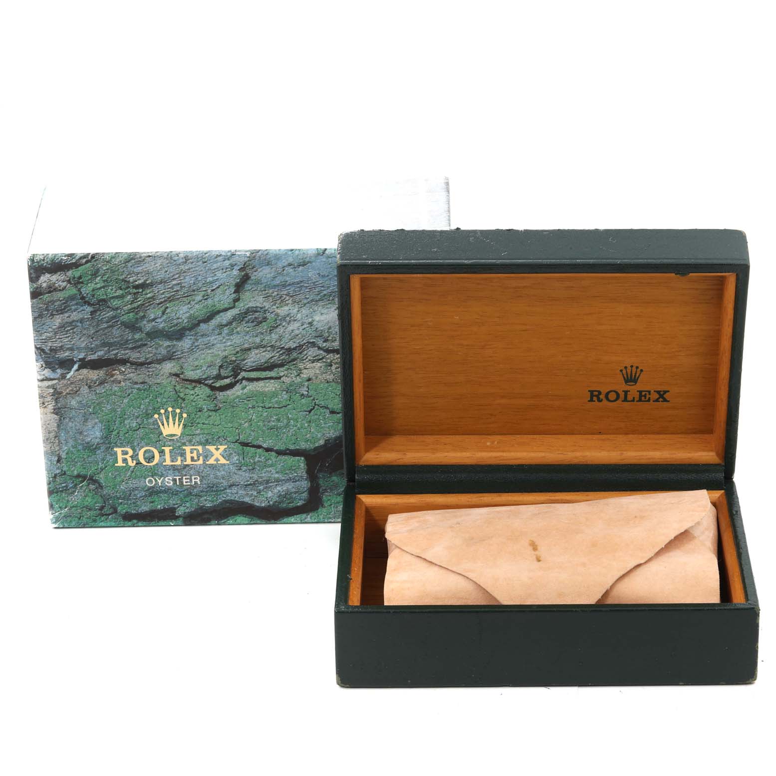 This image shows a Rolex Date 15200 Men's Stainless Steel Blue Dial 15200 Men's Stainless Steel Blue Dial watch box and sleeve, with the inner wooden box open and containing wrapped contents.
