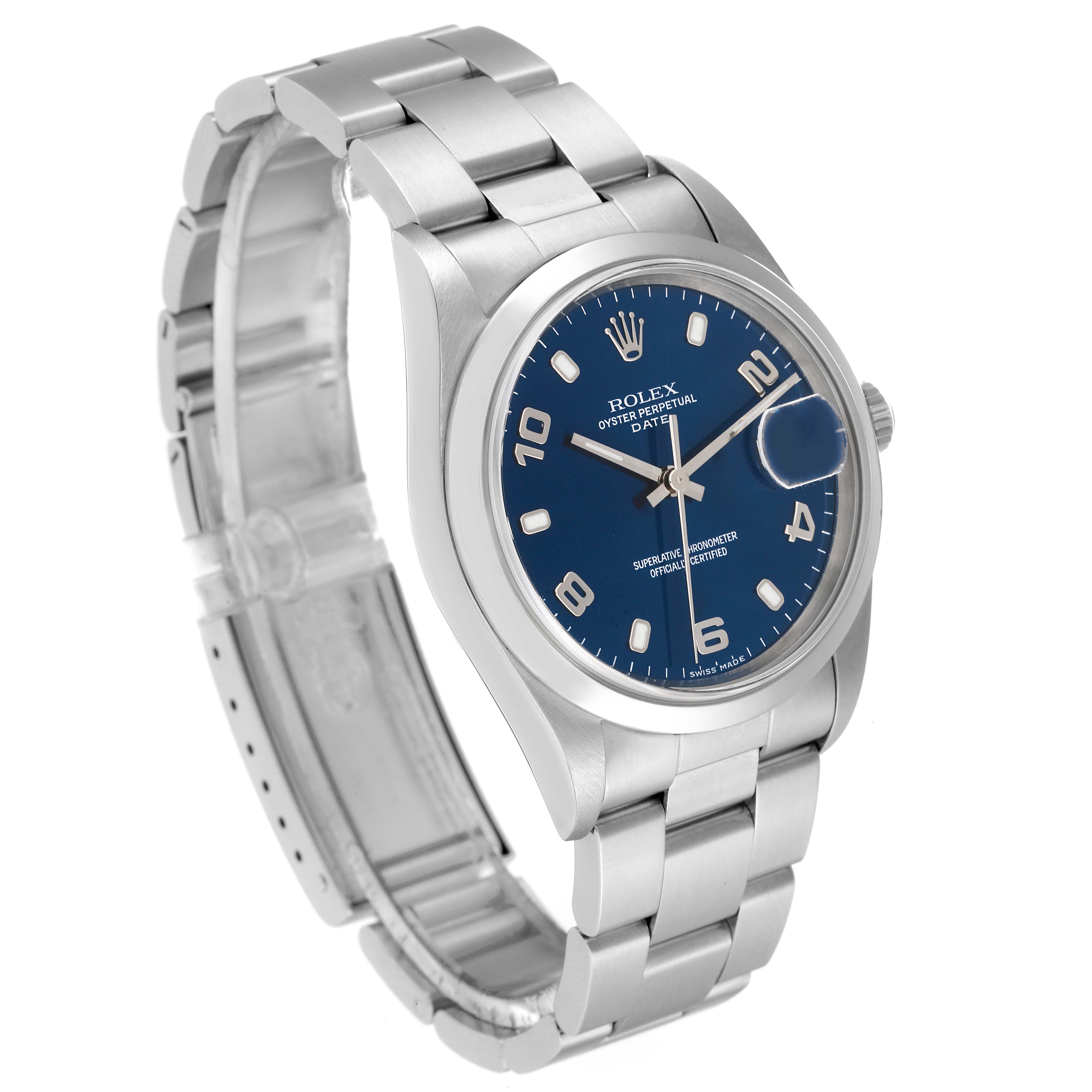 This Rolex Date 15200 Men's Stainless Steel Blue Dial 15200 Men's Stainless Steel Blue Dial model watch is shown at a slight angle, displaying the face, bezel, bracelet, and clasp.