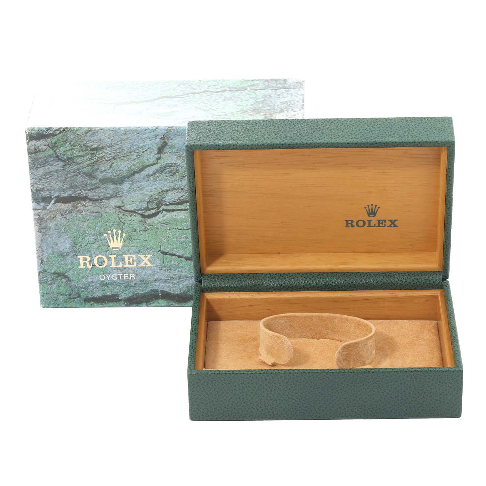 The image shows an open green Rolex box for the Date model with interior padding and the outer Rolex Oyster packaging.