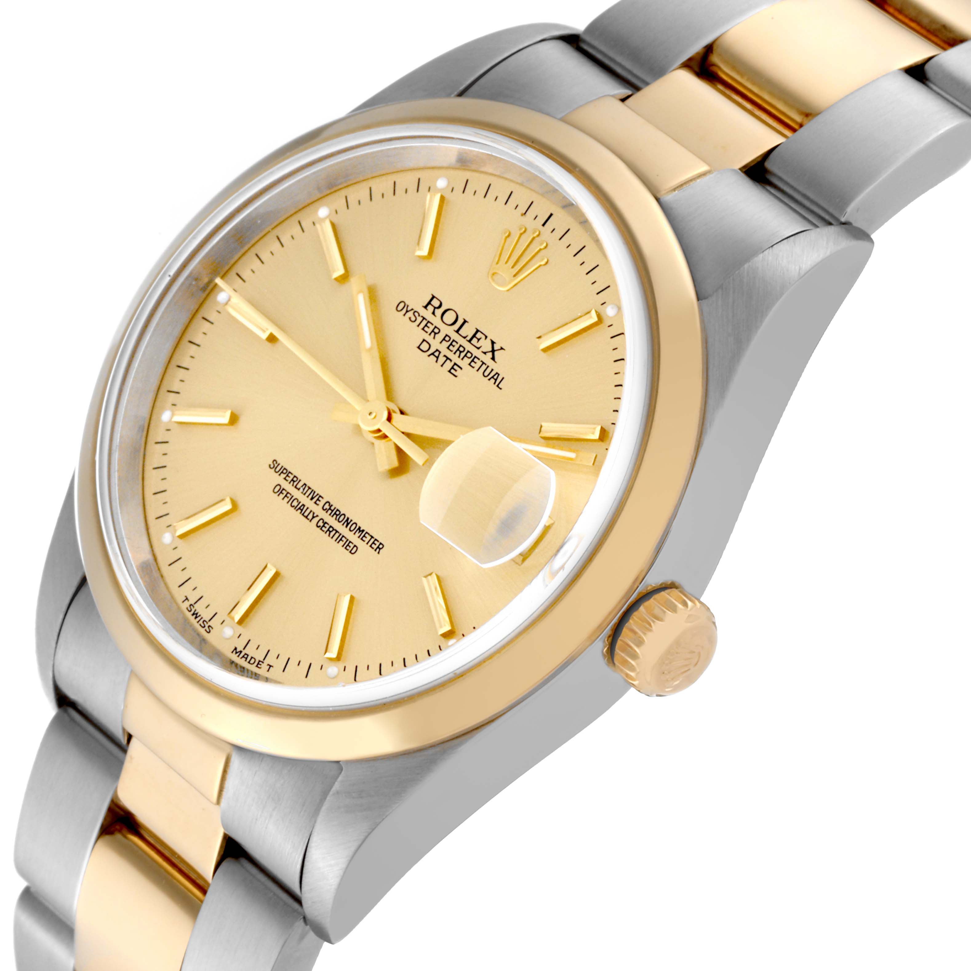 The Rolex Oyster Perpetual Date watch is shown from an angled top view, displaying the dial, bezel, and part of the bracelet.
