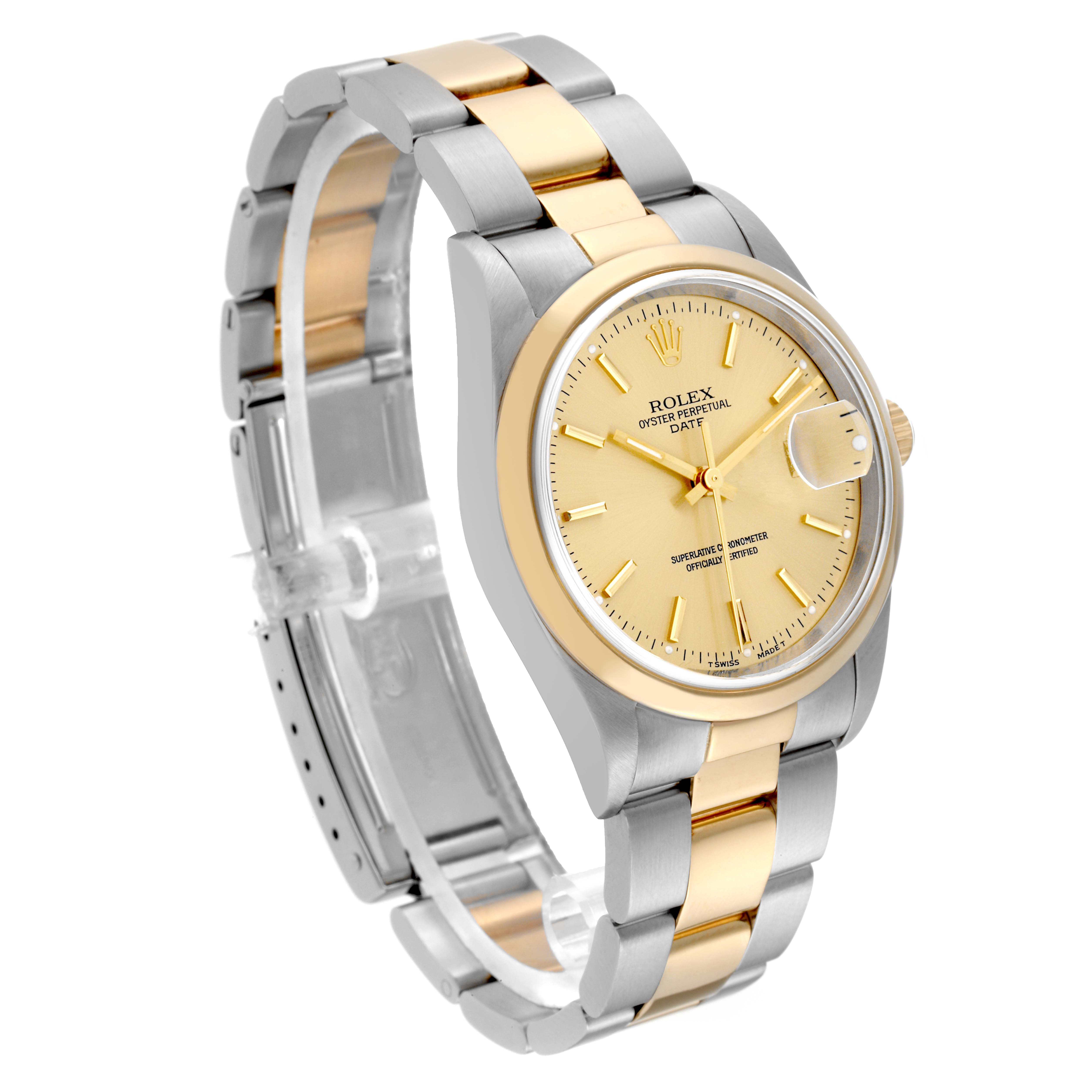 The image shows a Rolex Date 15203 Men's Steel and Gold (two tone) Champagne Dial 15203 Men's Steel and Gold (two tone) Champagne Dial model watch at a three-quarter angle, highlighting the dial and two-tone bracelet.