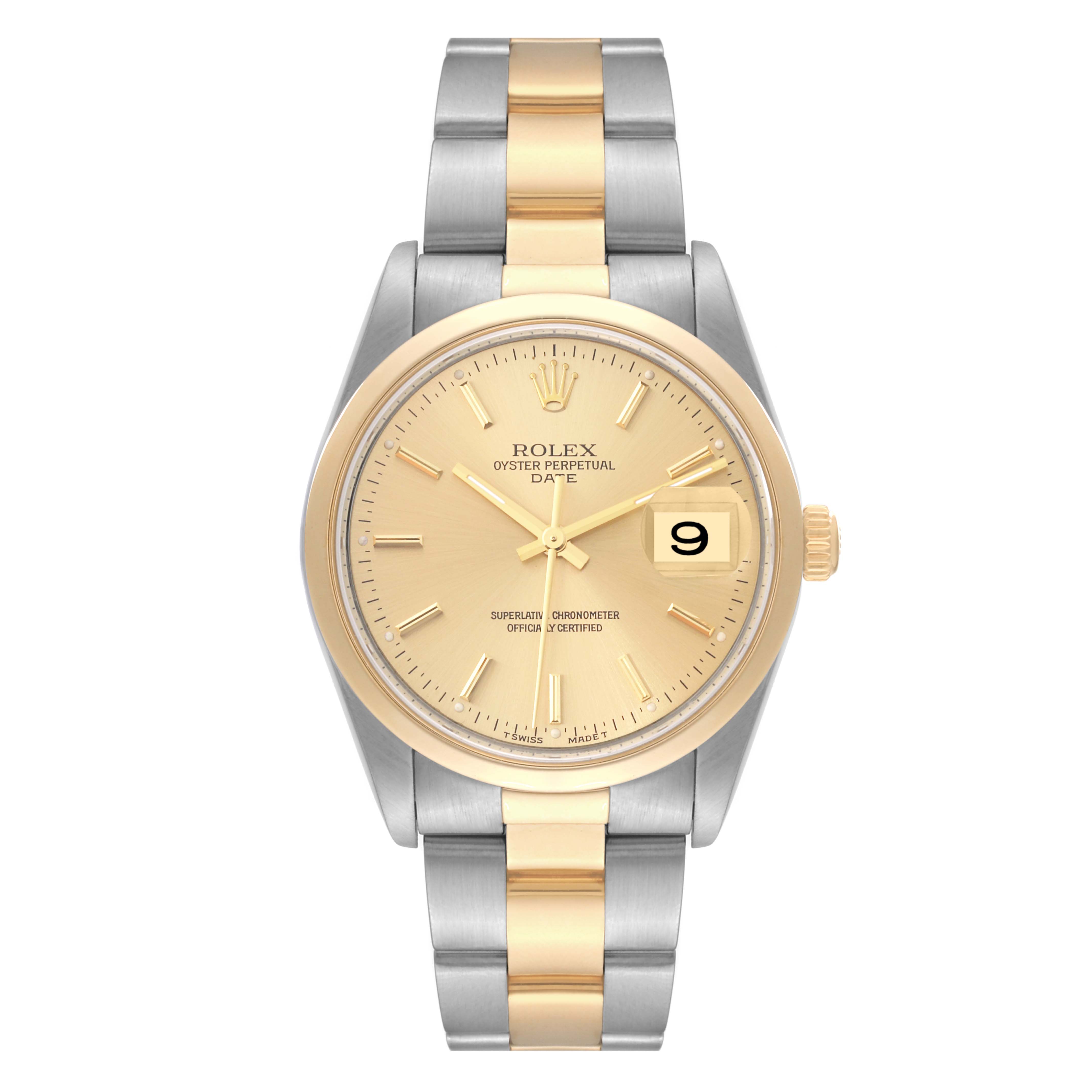 The image shows a front view of a Rolex Oyster Perpetual Date with a gold dial and a two-tone metal bracelet.
