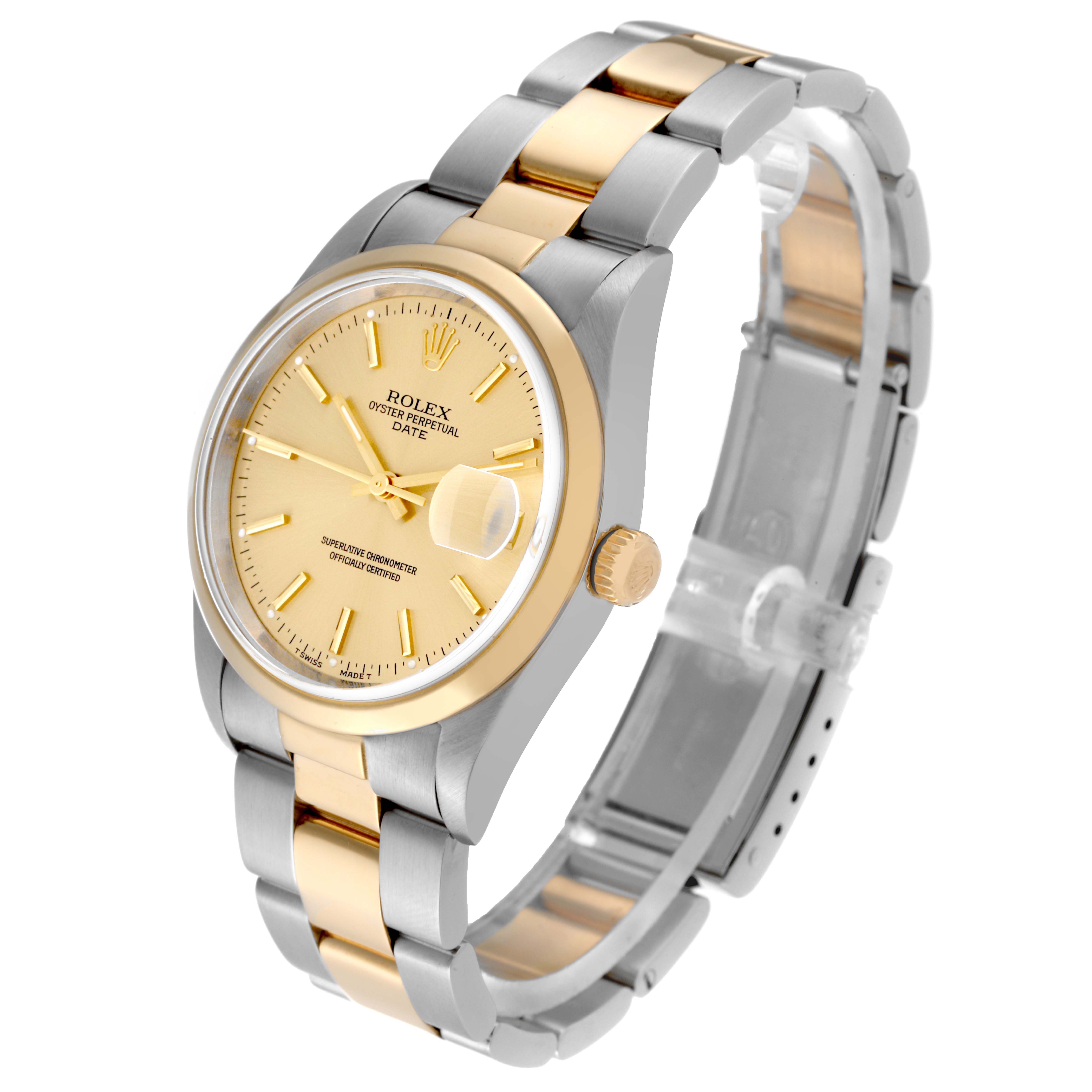 The Rolex Date 15203 Men's Steel and Gold (two tone) Champagne Dial 15203 Men's Steel and Gold (two tone) Champagne Dial model watch is angled to show the dial, bezel, crown, and the two-tone bracelet.