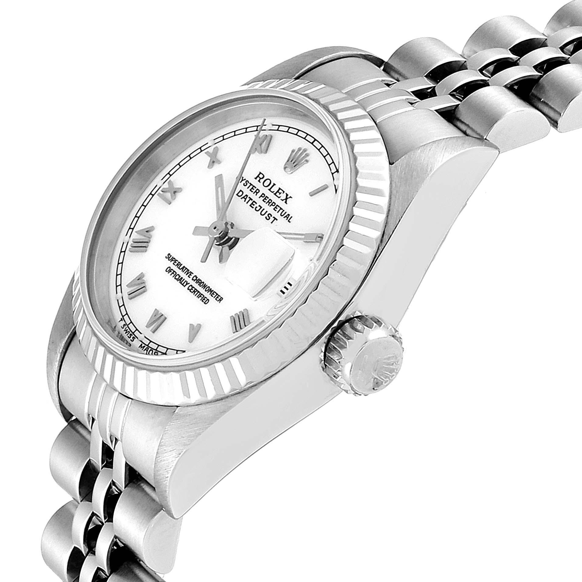 The Rolex Datejust 69174 Women's Stainless Steel White Dial 69174 Women's Stainless Steel White Dial watch is shown at a 45-degree angle highlighting the dial, bezel, crown, and part of the bracelet.
