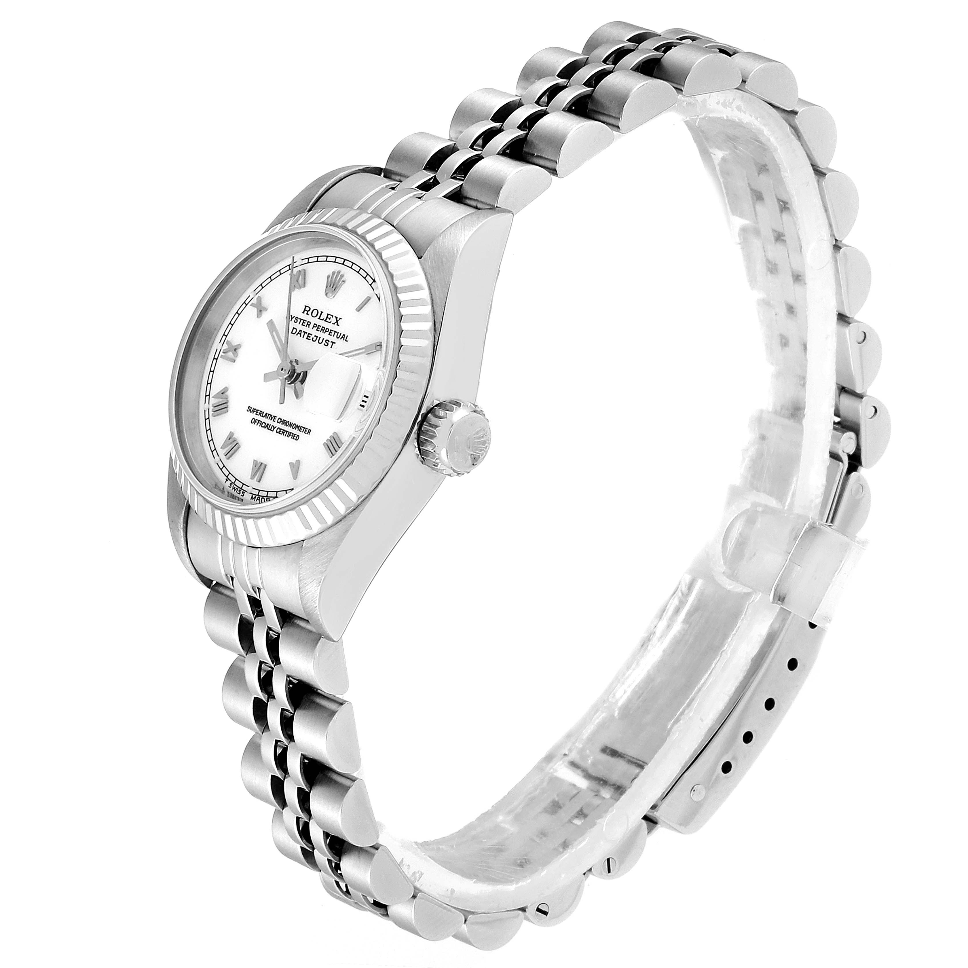 The Rolex Datejust 69174 Women's Stainless Steel White Dial 69174 Women's Stainless Steel White Dial watch is shown at a slight side angle highlighting its face, crown, and metal bracelet.