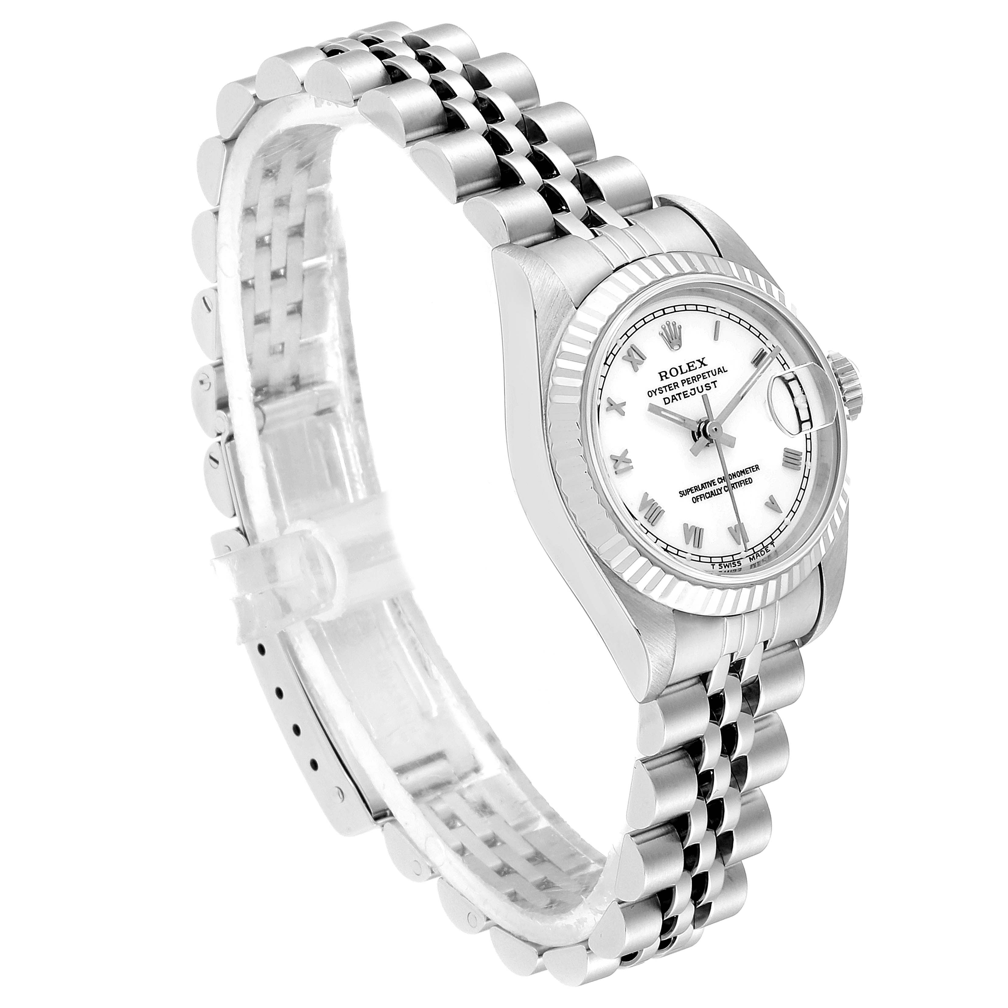 This image shows a Rolex Datejust 69174 Women's Stainless Steel White Dial 69174 Women's Stainless Steel White Dial watch angled to display the bracelet, face, bezel, and crown.