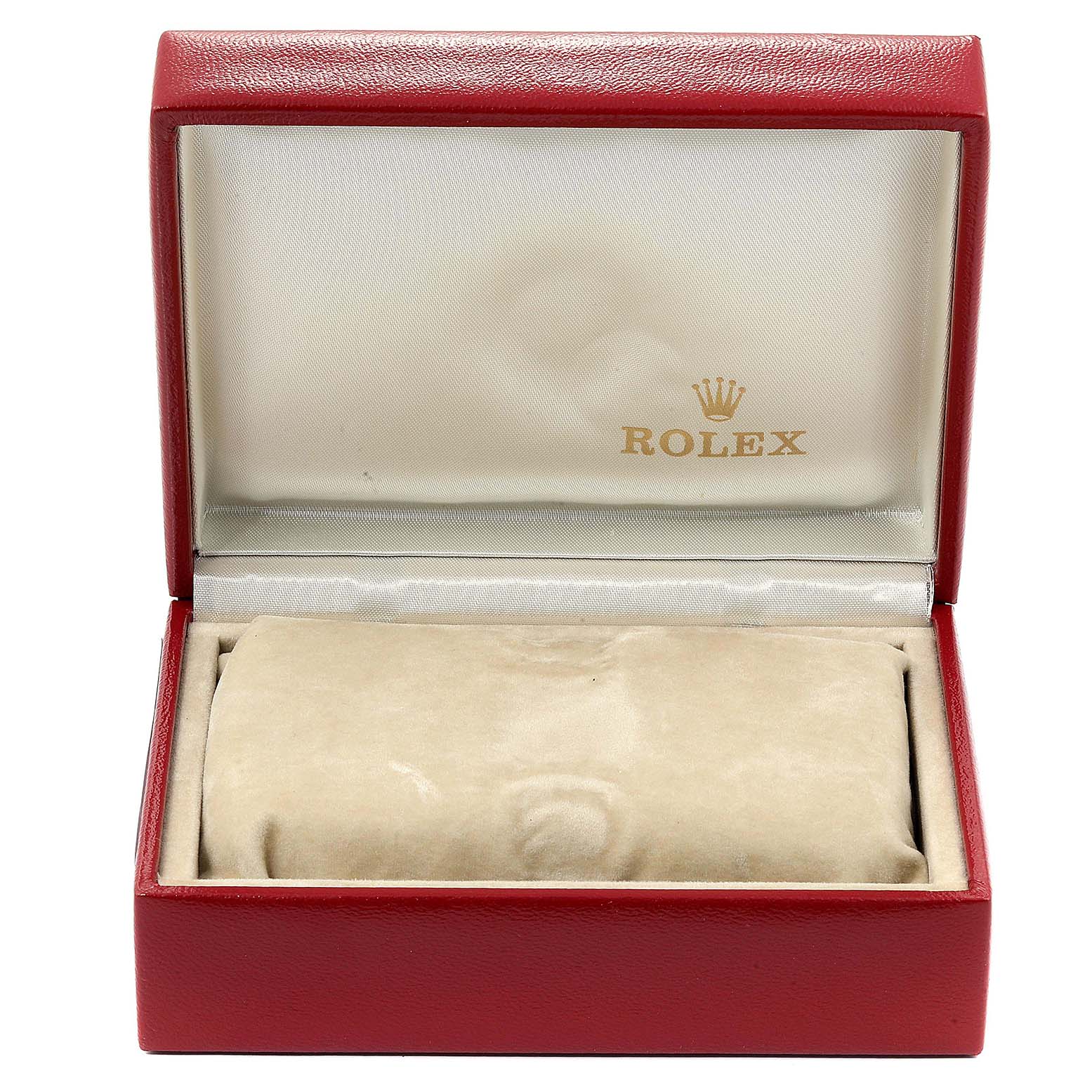 The image shows an open Rolex watch box in red, displaying the interior and cushion, meant for a Datejust model.