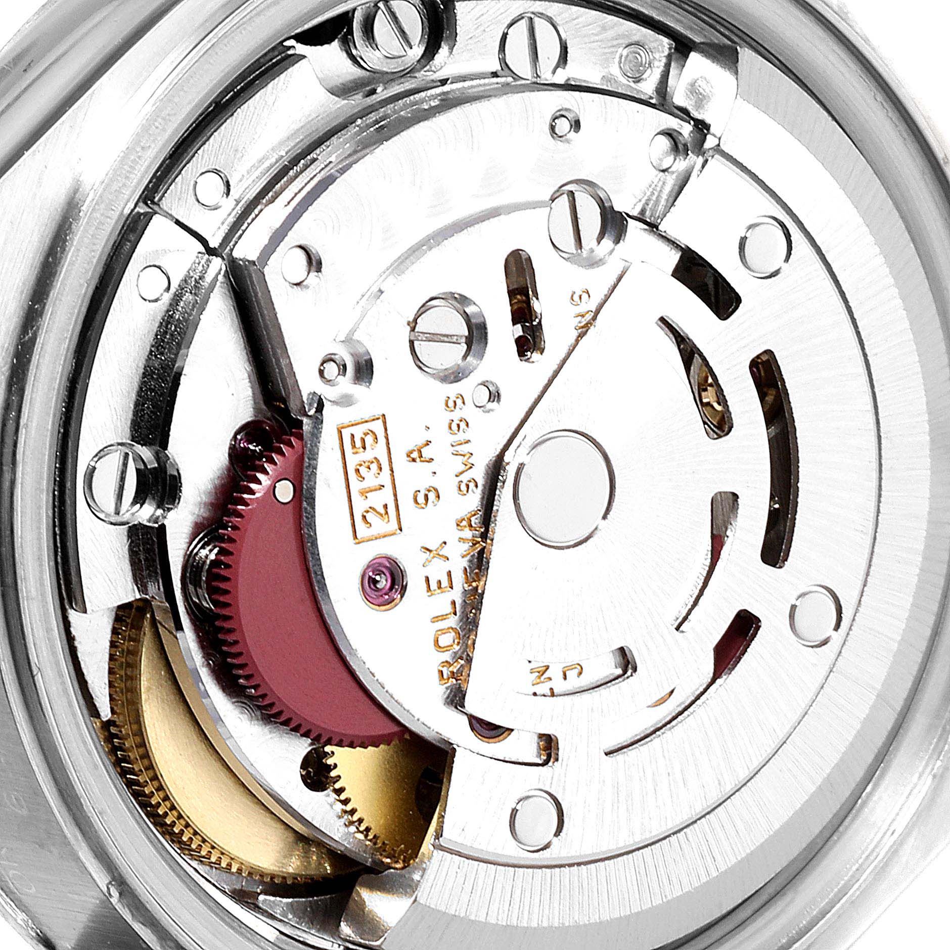 This image shows a close-up of the movement mechanism of a Rolex Datejust 69174 Women's Stainless Steel White Dial 69174 Women's Stainless Steel White Dial watch.