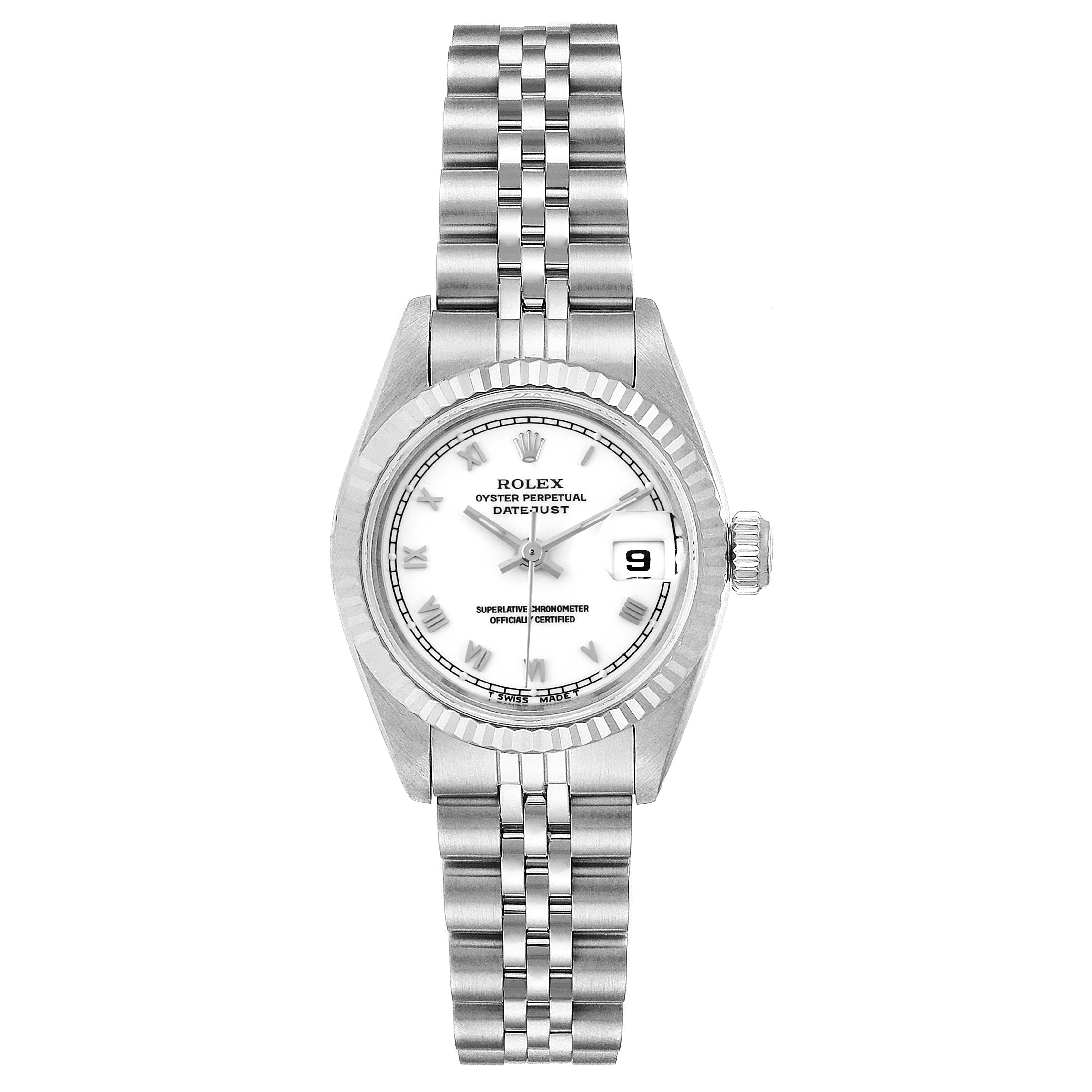 This image shows a front view of a Rolex Datejust 69174 Women's Stainless Steel White Dial 69174 Women's Stainless Steel White Dial watch featuring its dial, bezel, crown, and bracelet.