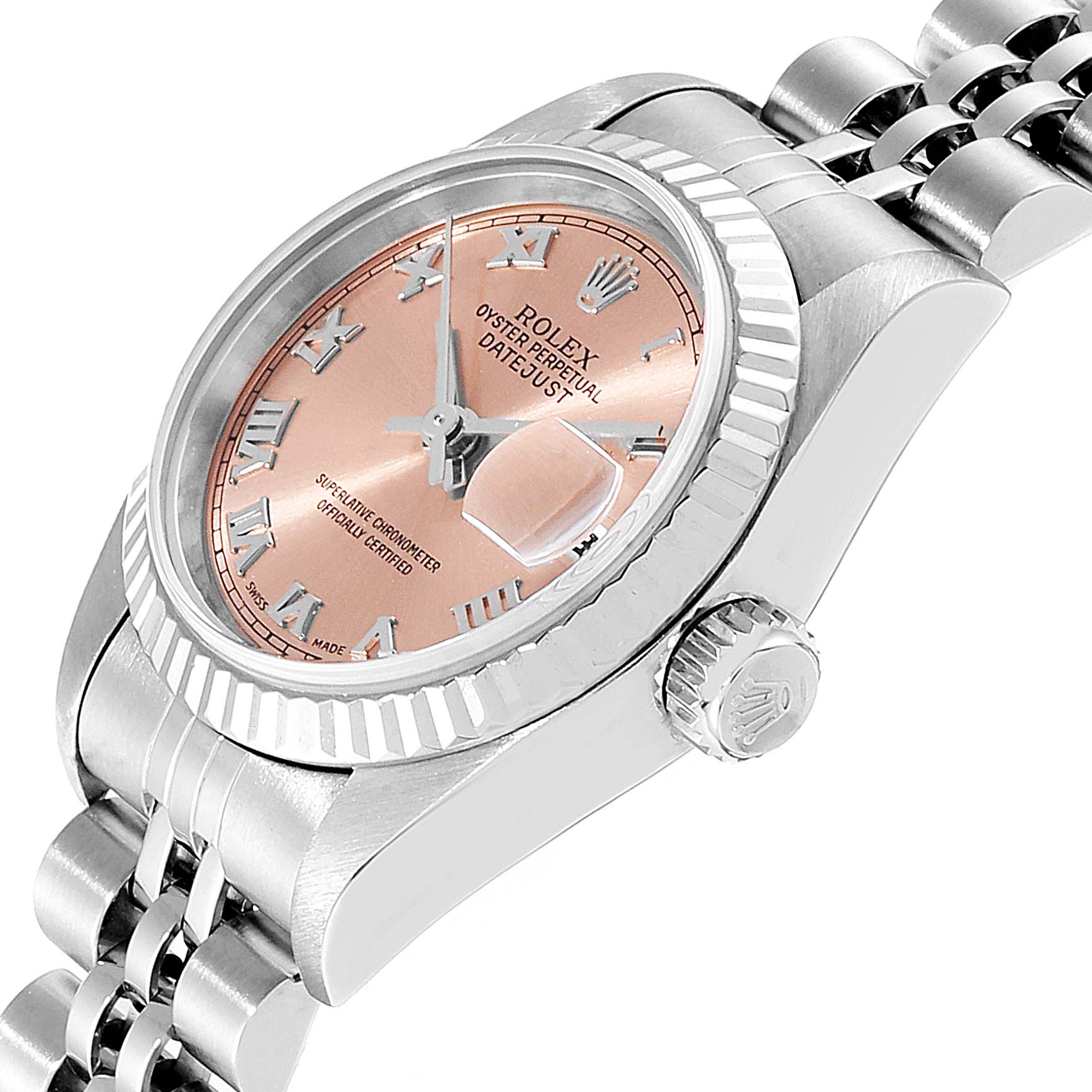 This image shows a Rolex Datejust 79174 Women's Stainless Steel Pink Dial 79174 Women's Stainless Steel Pink Dial watch at an angle, highlighting the face, crown, and part of the bracelet.