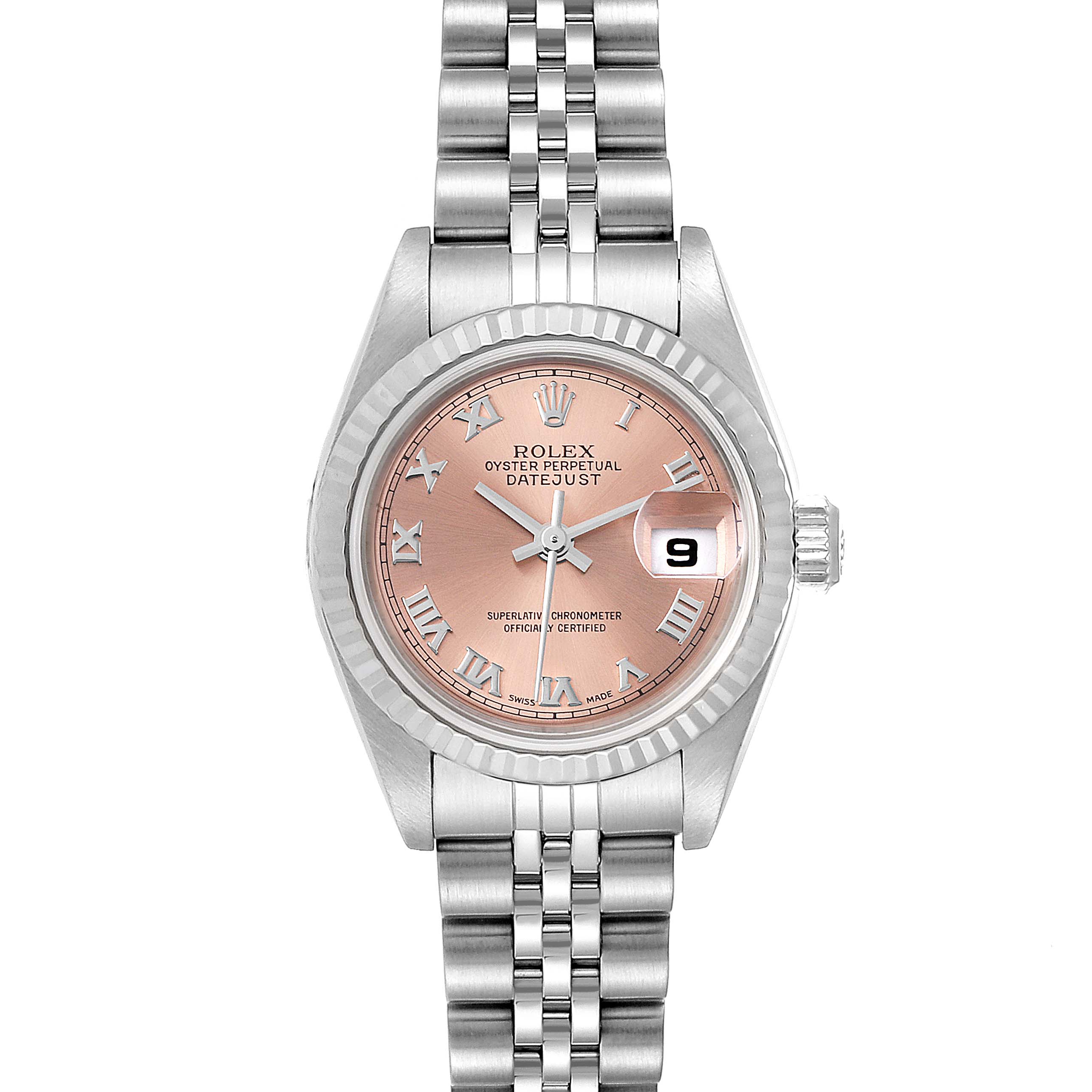 The image shows a Rolex Datejust 79174 Women's Stainless Steel Pink Dial 79174 Women's Stainless Steel Pink Dial watch from a front angle, displaying its face, bezel, crown, and Jubilee bracelet.