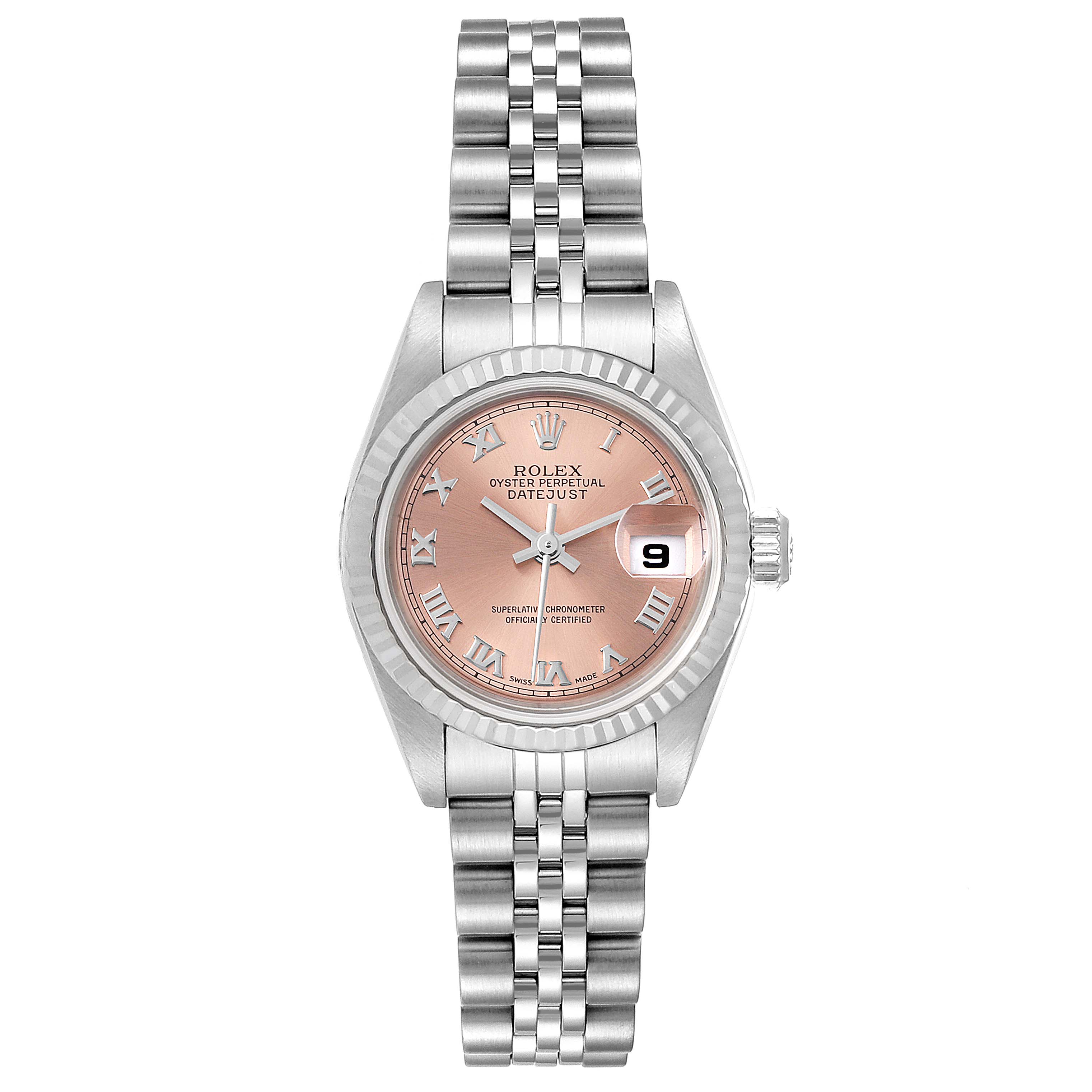 The image shows a Rolex Datejust 79174 Women's Stainless Steel Pink Dial 79174 Women's Stainless Steel Pink Dial watch from a front view, highlighting the pink dial, fluted bezel, and Jubilee bracelet.