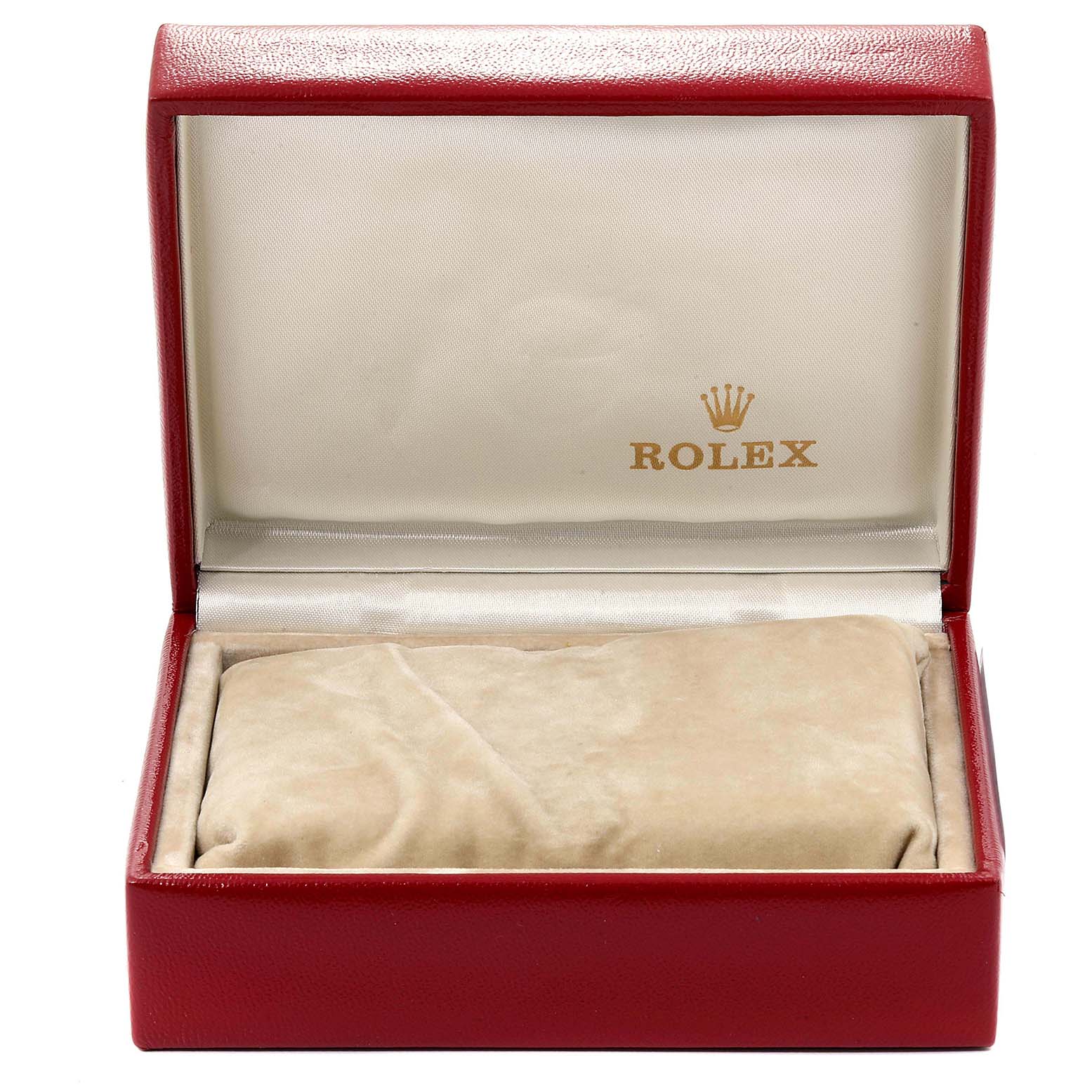 This image shows an open red Rolex watch box for the Datejust model, displaying the interior with a beige cushioned lining.