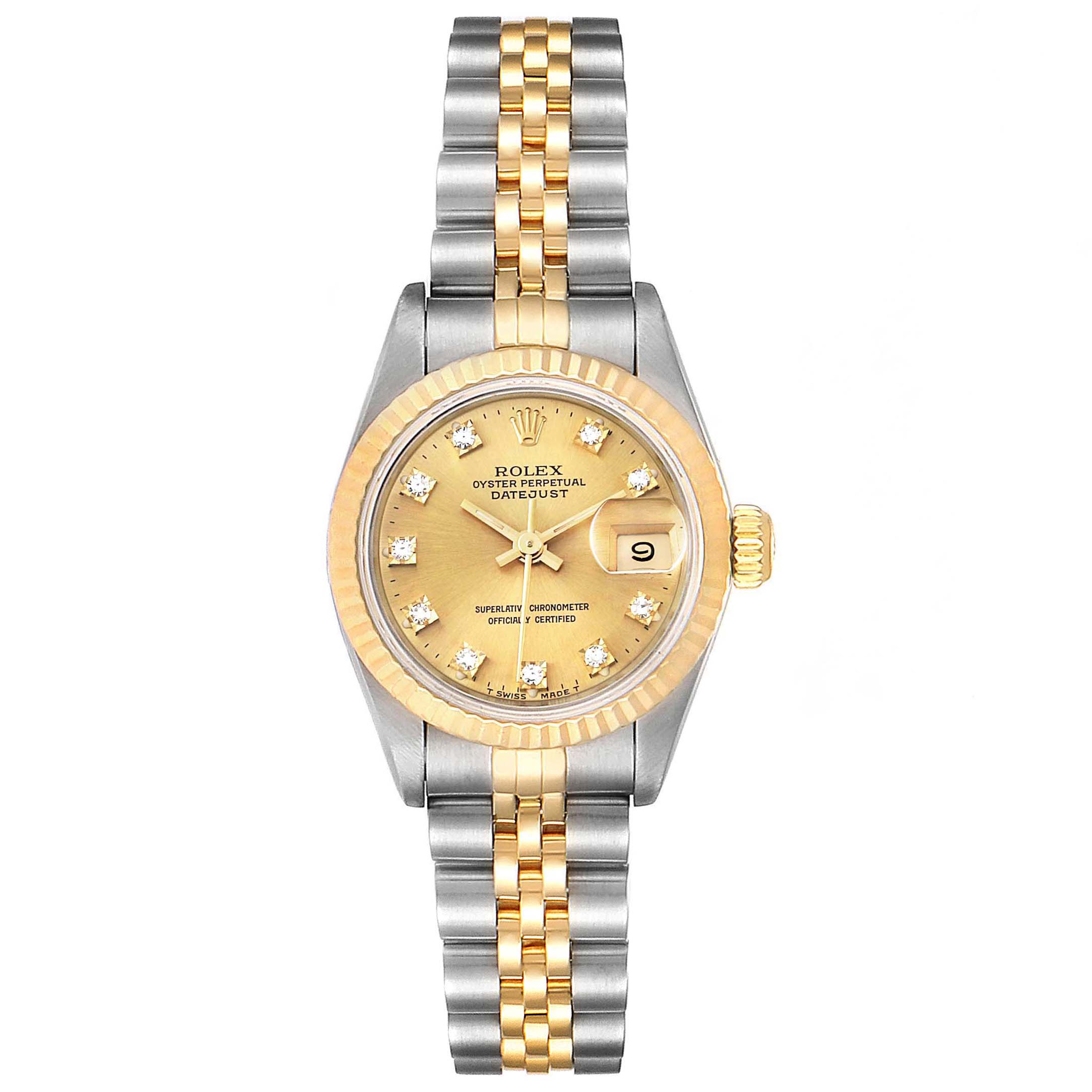 The image shows a front view of a Rolex Datejust 69173 Women
s Steel and Gold (two tone) Champagne Dial 69173 Women
s Steel and Gold (two tone) Champagne Dial watch featuring a jubilee bracelet and a yellow gold bezel.