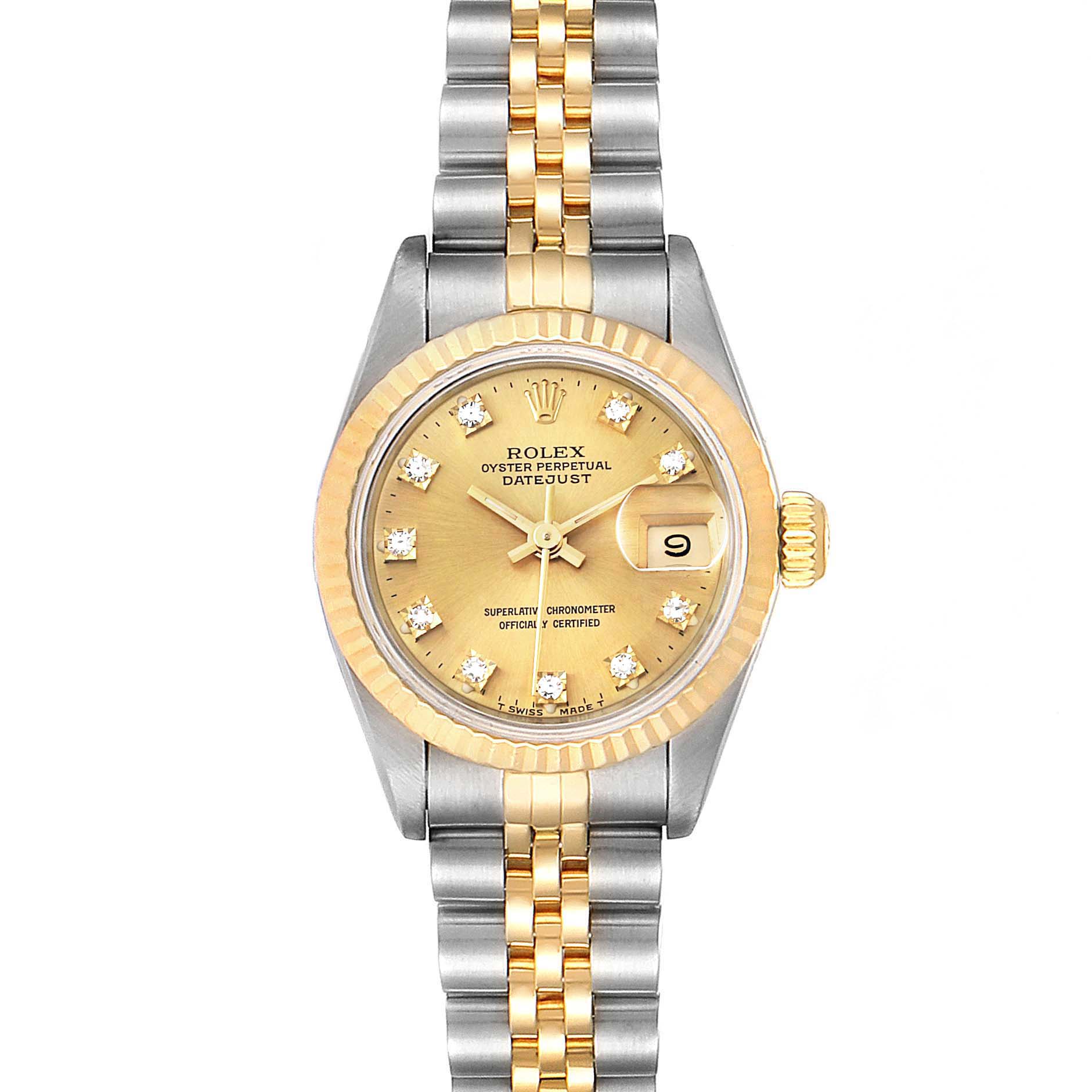 The image shows a frontal view of a Rolex Datejust 69173 Women
s Steel and Gold (two tone) Champagne Dial 69173 Women
s Steel and Gold (two tone) Champagne Dial watch, highlighting the dial, bezel, and bracelet.