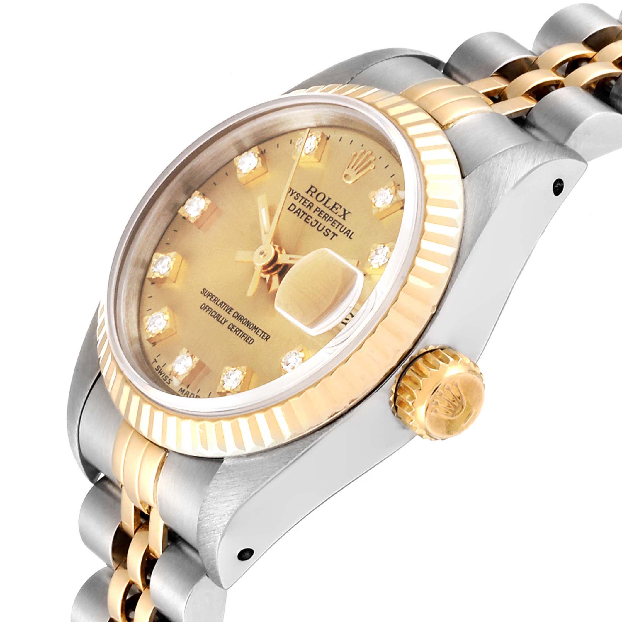 The image shows a Rolex Datejust 69173 Women
s Steel and Gold (two tone) Champagne Dial 69173 Women
s Steel and Gold (two tone) Champagne Dial watch from a side angle, highlighting the dial, crown, bracelet, and part of the case.