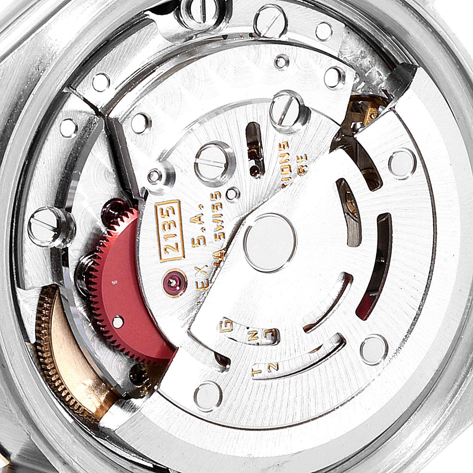 This is a close-up view showing the movement and inner mechanism of a Rolex Datejust 69173 Women
s Steel and Gold (two tone) Champagne Dial 69173 Women
s Steel and Gold (two tone) Champagne Dial watch.