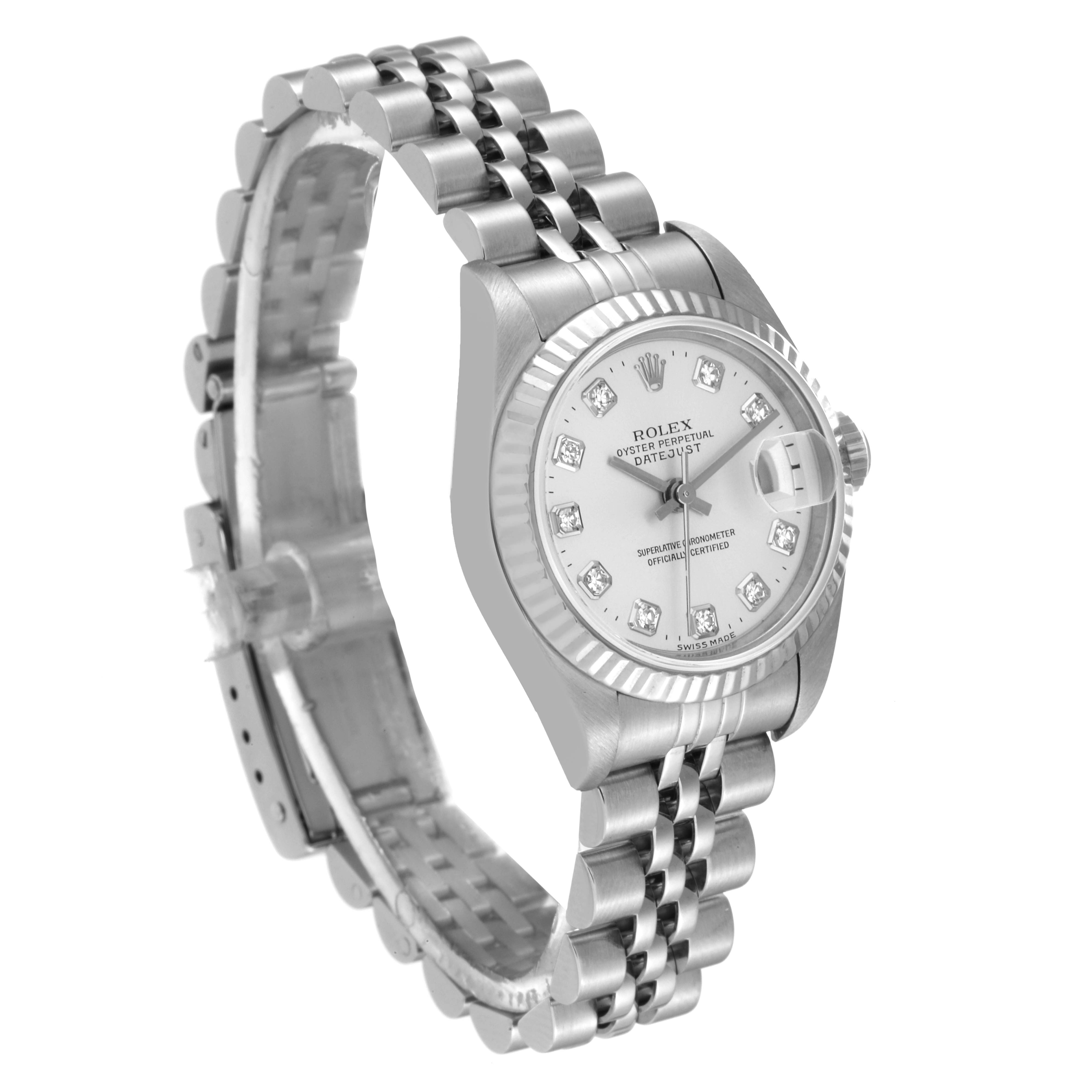 The Rolex Datejust 79174 Women's Stainless Steel Silver Dial 79174 Women's Stainless Steel Silver Dial watch is shown at a slight angle highlighting the face, bezel, and bracelet.