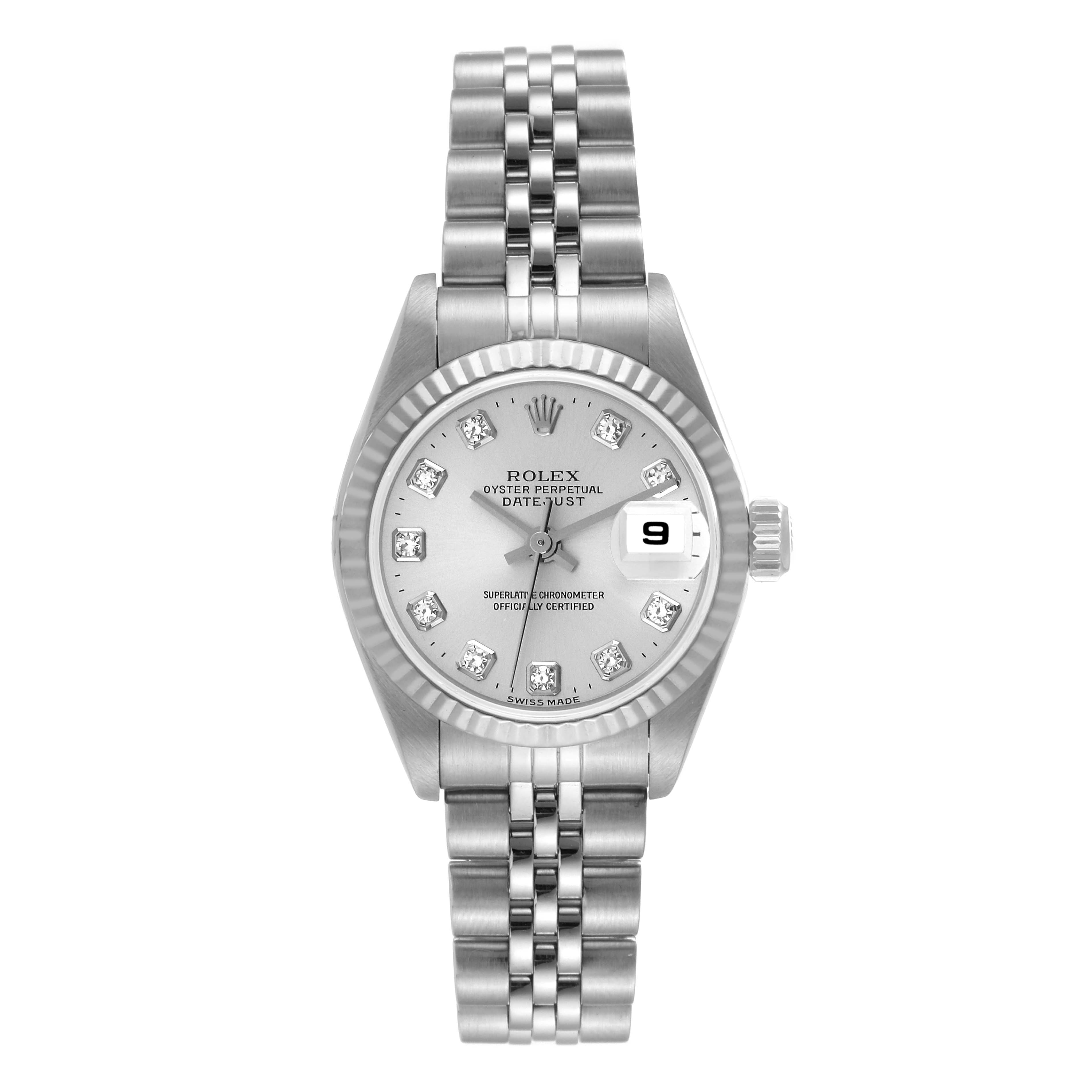 The image shows a Rolex Datejust 79174 Women's Stainless Steel Silver Dial 79174 Women's Stainless Steel Silver Dial watch from a top-down view, highlighting the dial, fluted bezel, and jubilee bracelet.