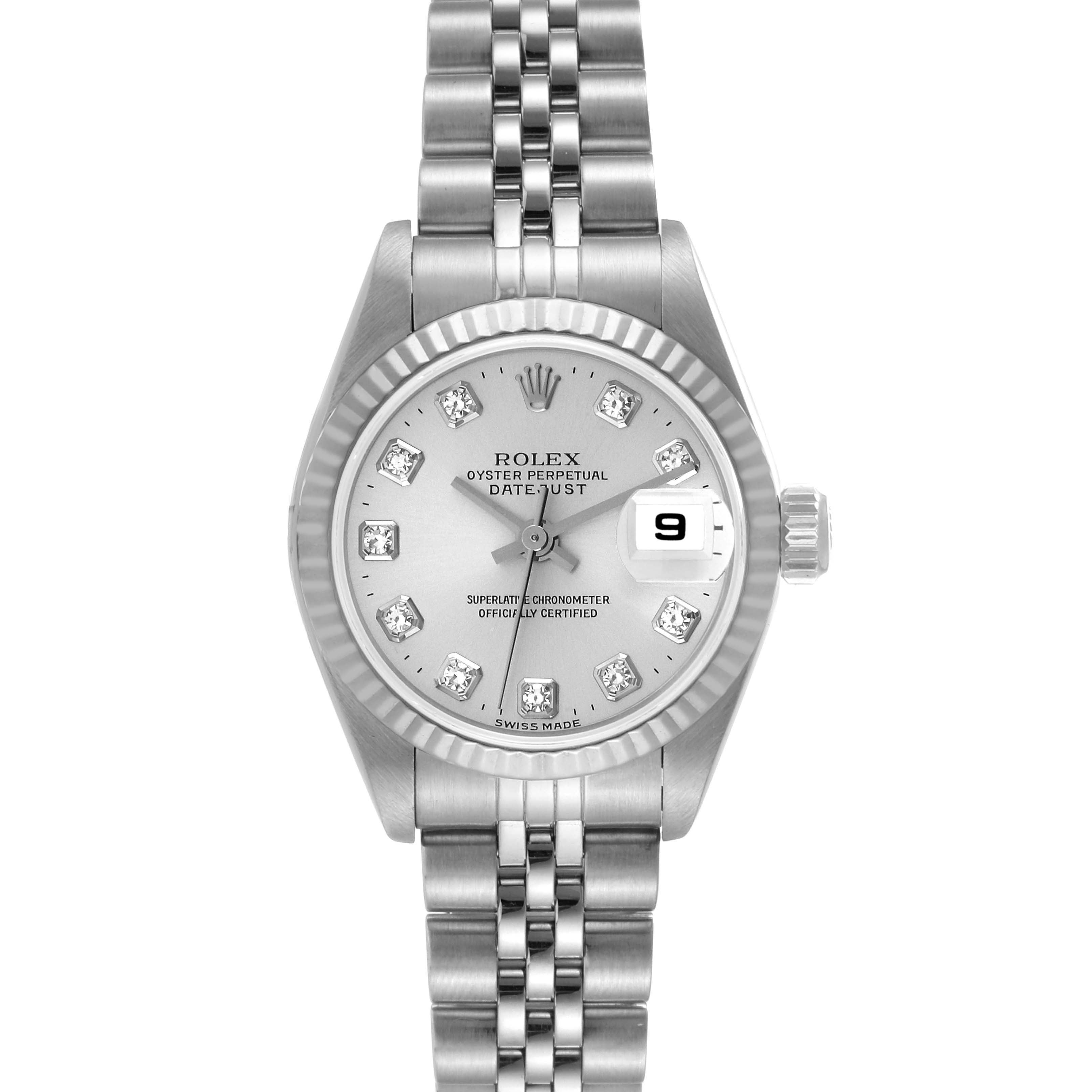 This image shows a front view of the Rolex Datejust 79174 Women's Stainless Steel Silver Dial 79174 Women's Stainless Steel Silver Dial, displaying the dial, bezel, and part of the bracelet.