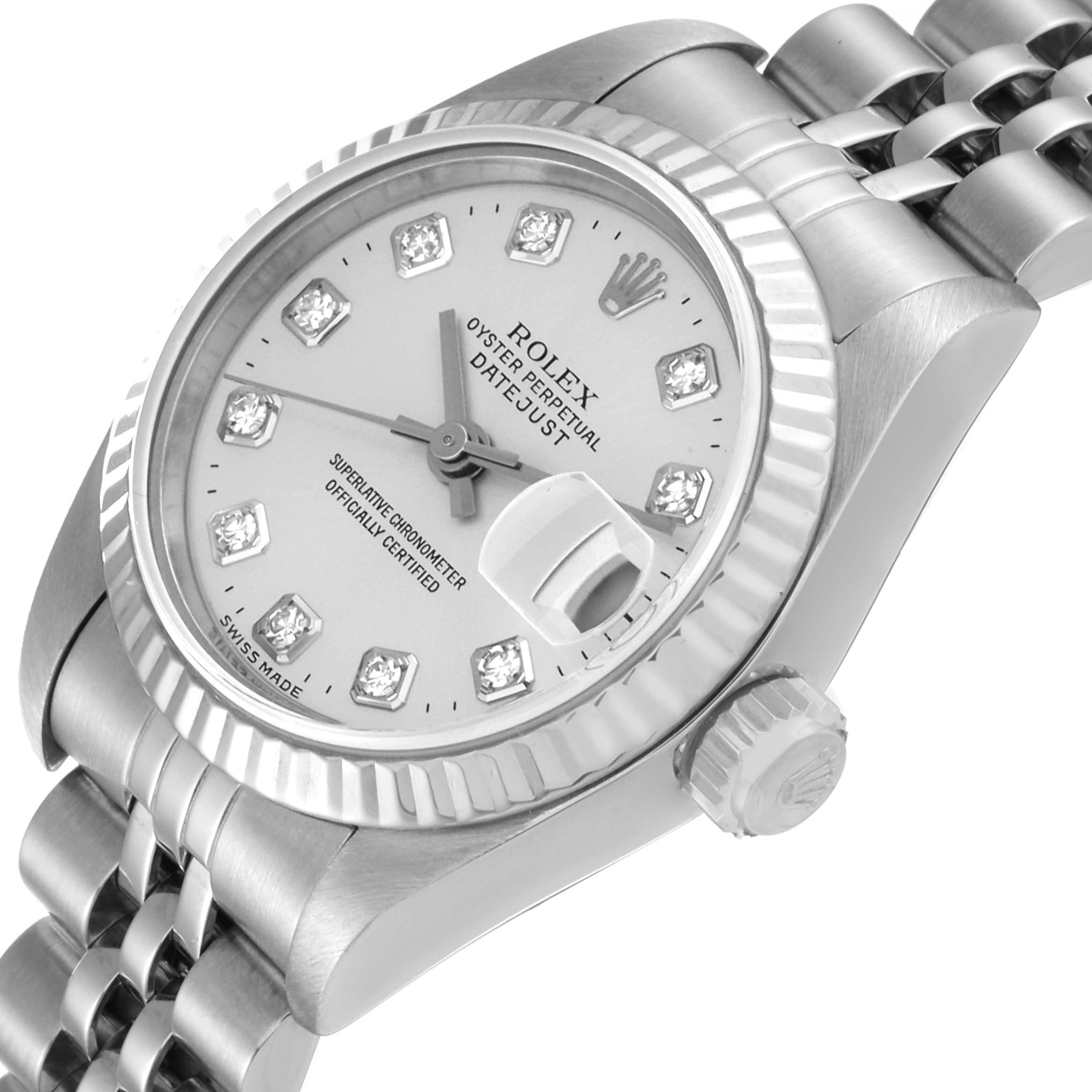 The Rolex Datejust 79174 Women's Stainless Steel Silver Dial 79174 Women's Stainless Steel Silver Dial watch is shown at an angled close-up highlighting the dial, bezel, crown, and part of the bracelet.