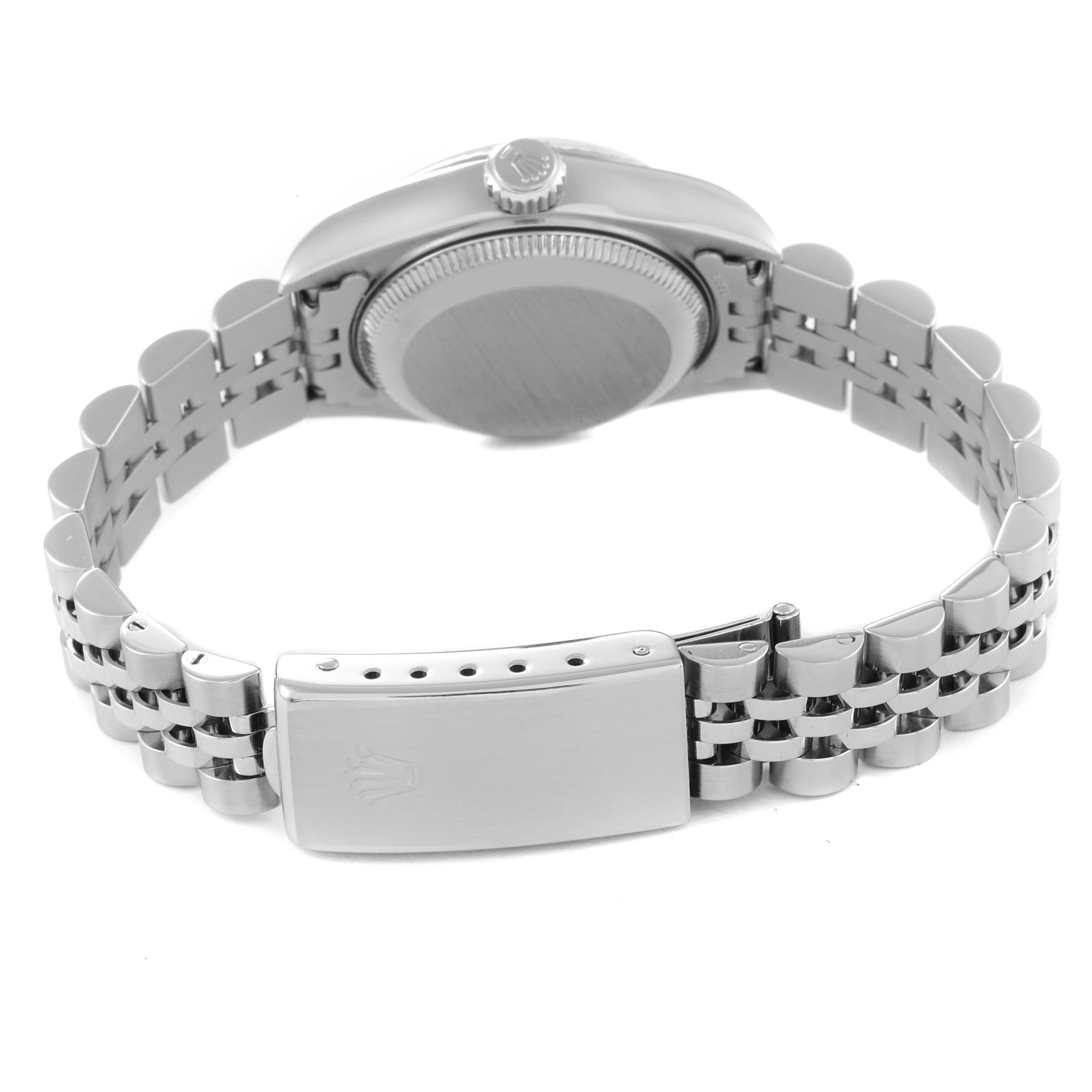 This image shows the back and clasp of the Rolex Datejust 79174 Women's Stainless Steel Silver Dial 79174 Women's Stainless Steel Silver Dial watch, focusing on the bracelet and case back.