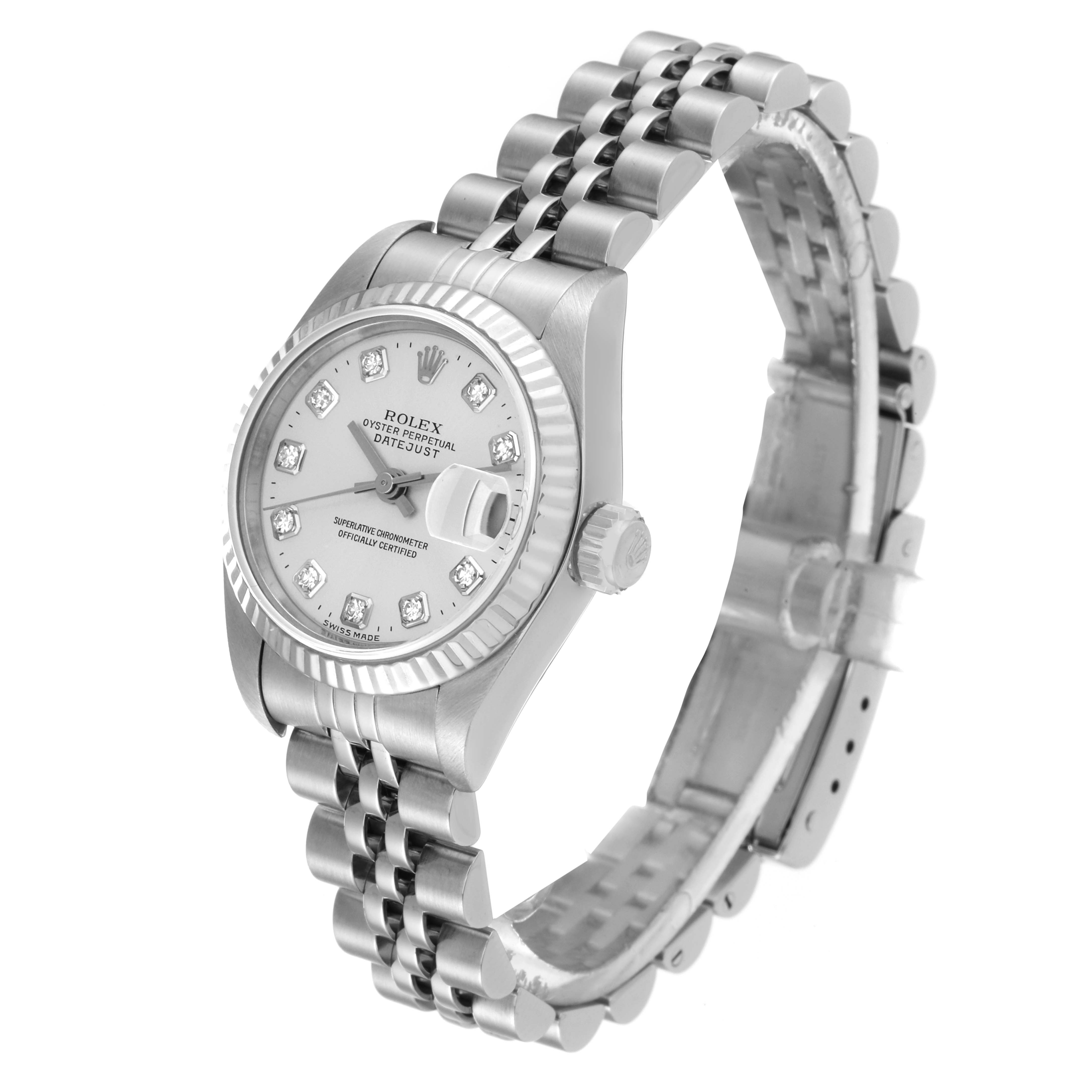 The image shows a angled view of the Rolex Datejust 79174 Women's Stainless Steel Silver Dial 79174 Women's Stainless Steel Silver Dial watch, highlighting its dial, bezel, crown, and bracelet.