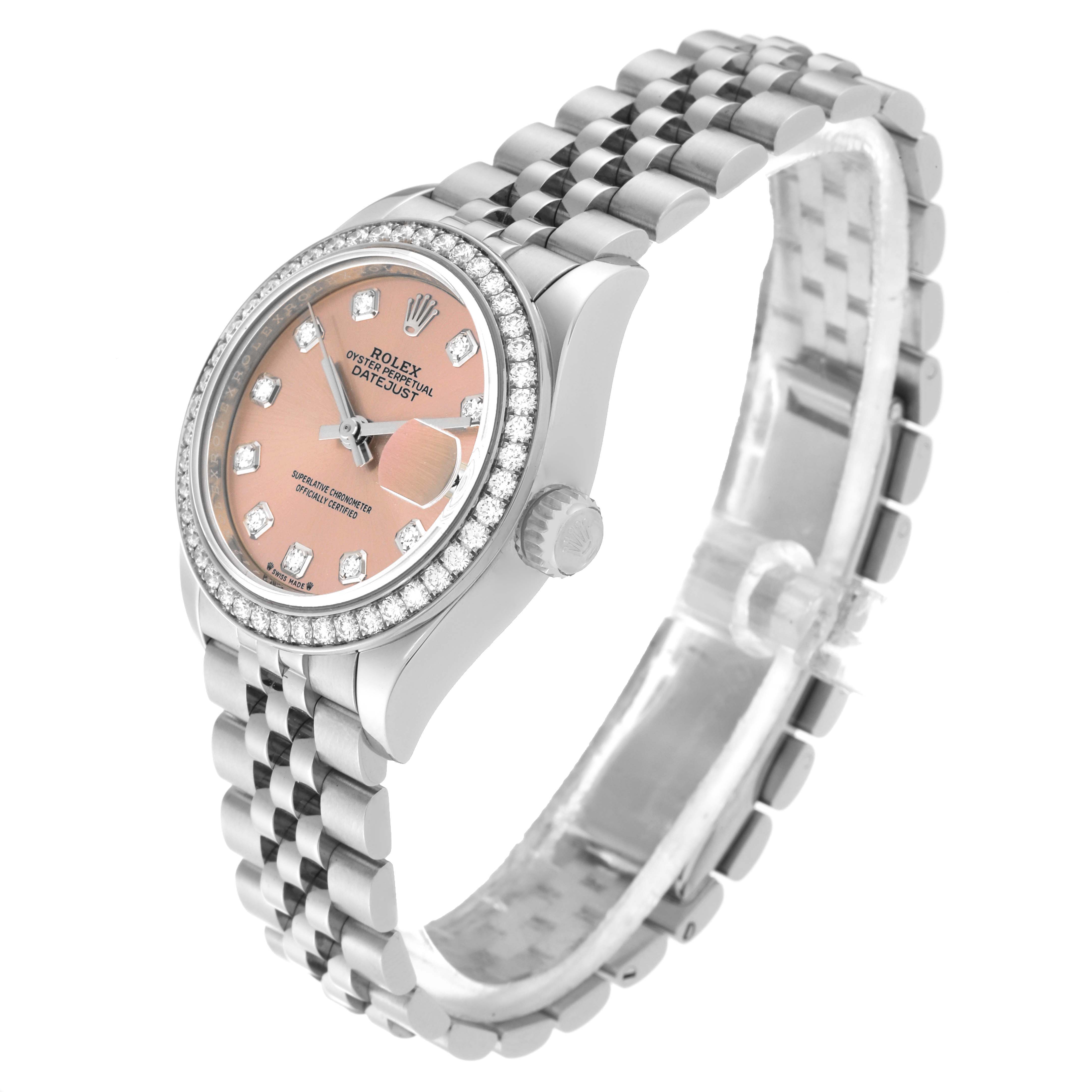The Rolex Datejust 279384 Women's Stainless Steel Pink Dial 279384 Women's Stainless Steel Pink Dial watch is shown at a slight angle, highlighting its pink dial, diamond bezel, and Jubilee bracelet.