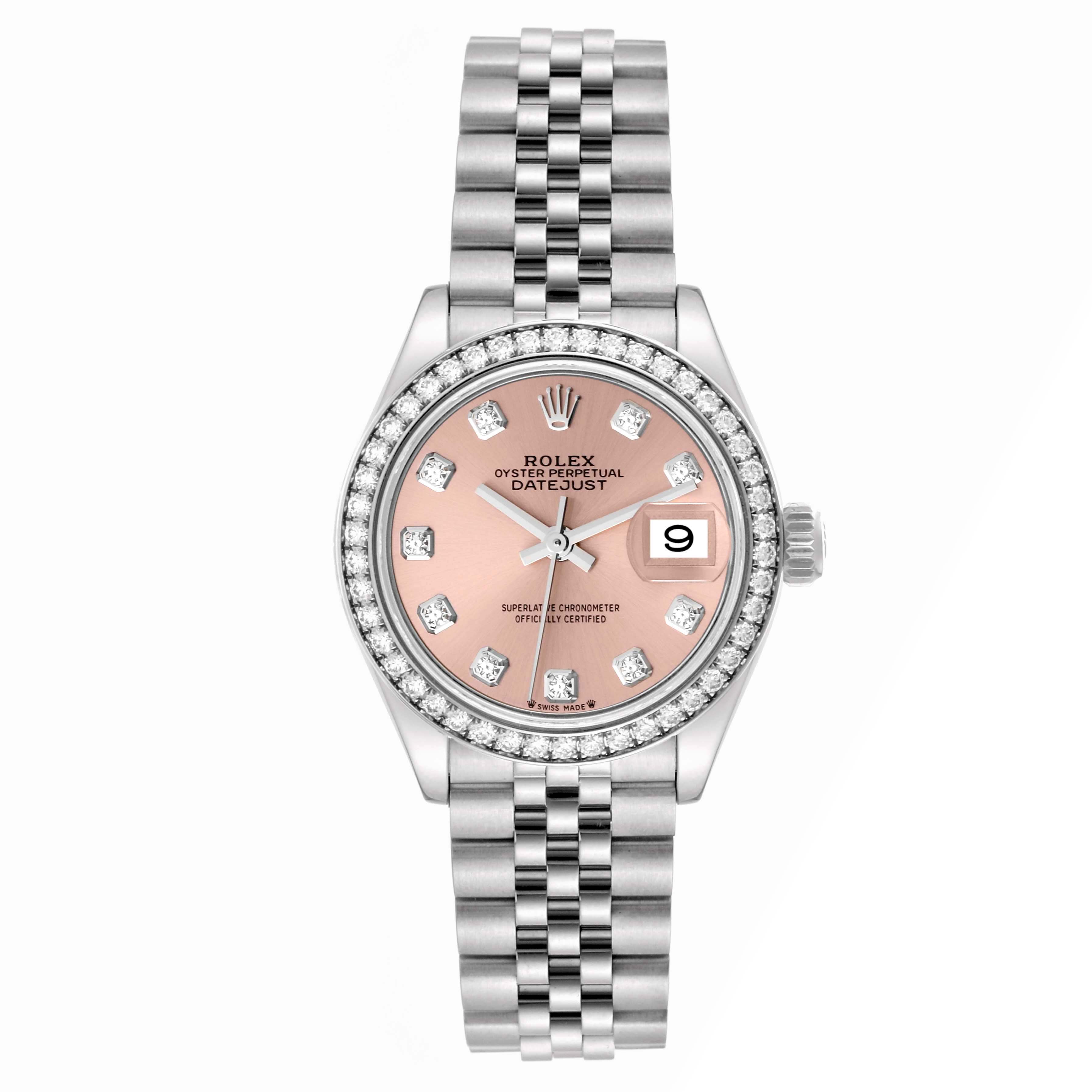 This image shows a front view of a Rolex Datejust 279384 Women's Stainless Steel Pink Dial 279384 Women's Stainless Steel Pink Dial watch with a silver band and a pink dial adorned with diamond hour markers.