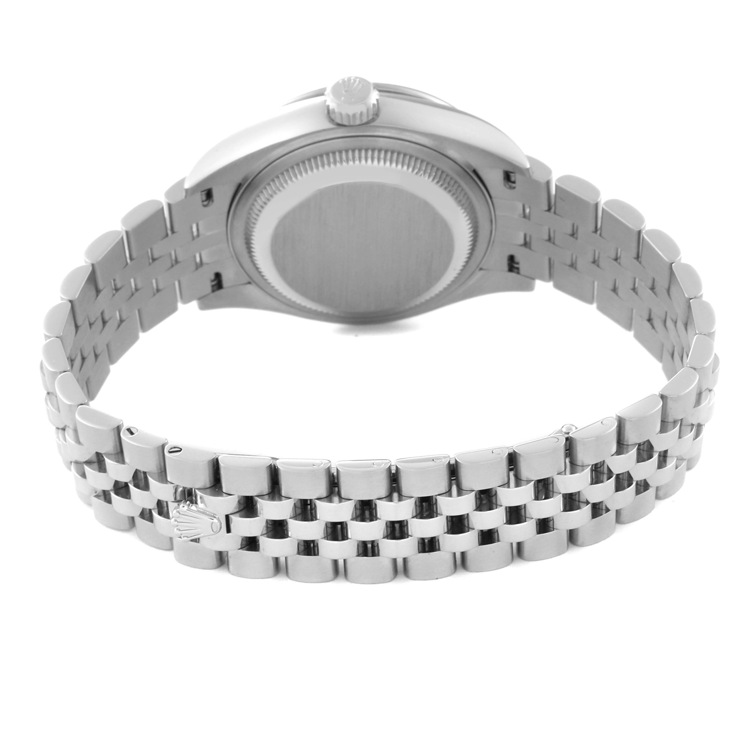 This image shows the back case and Jubilee bracelet of a Rolex Datejust 279384 Women's Stainless Steel Pink Dial 279384 Women's Stainless Steel Pink Dial watch viewed from the rear.