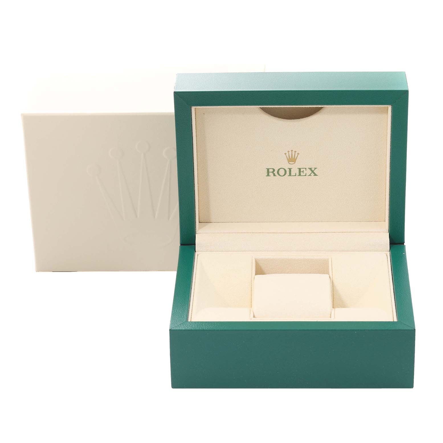 The image shows an open green and beige Rolex Datejust 279384 Women's Stainless Steel Pink Dial 279384 Women's Stainless Steel Pink Dial watch box with the logo visible inside.