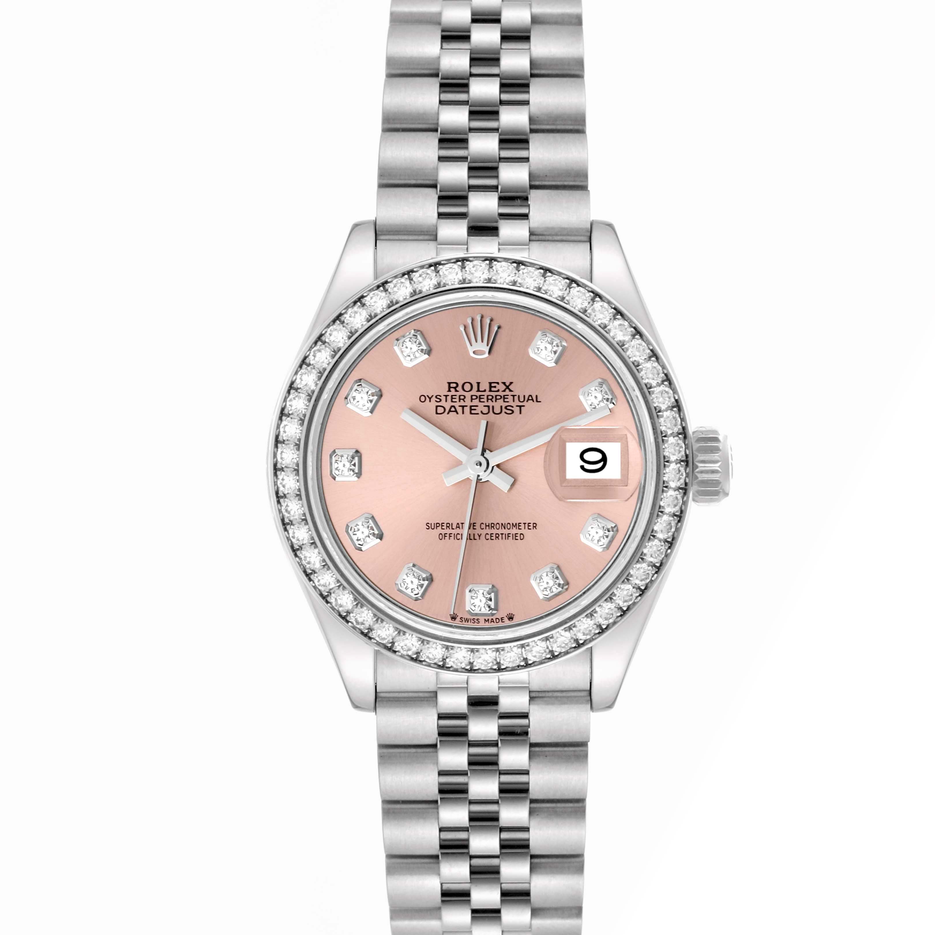 The image shows a front view of a Rolex Datejust 279384 Women's Stainless Steel Pink Dial 279384 Women's Stainless Steel Pink Dial watch, featuring a pink dial, diamond hour markers, and a Jubilee bracelet.