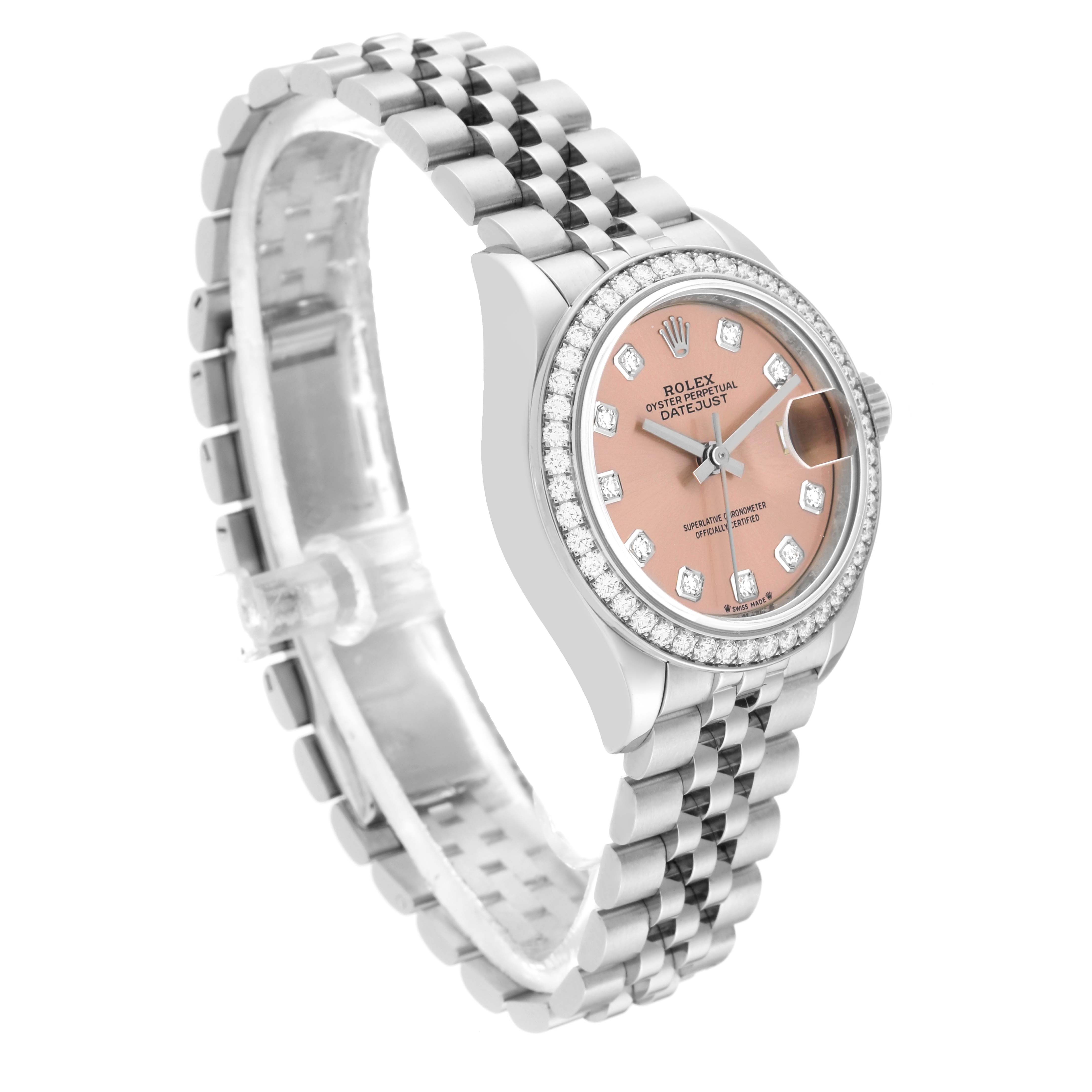 This image shows a Rolex Datejust 279384 Women's Stainless Steel Pink Dial 279384 Women's Stainless Steel Pink Dial model from an angle highlighting the dial, bezel, crown, and bracelet.
