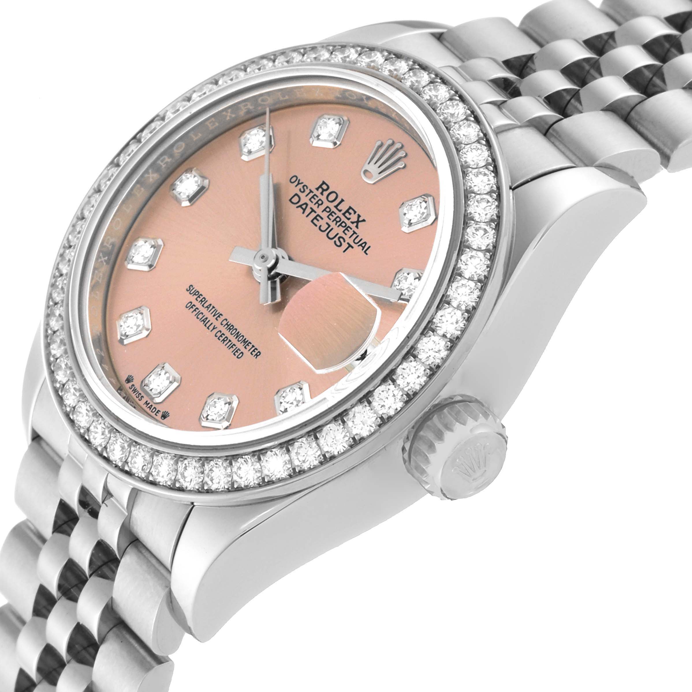 This image shows a close-up angle of the Rolex Datejust 279384 Women's Stainless Steel Pink Dial 279384 Women's Stainless Steel Pink Dial watch, highlighting its pink dial, diamond bezel, crown, and bracelet.