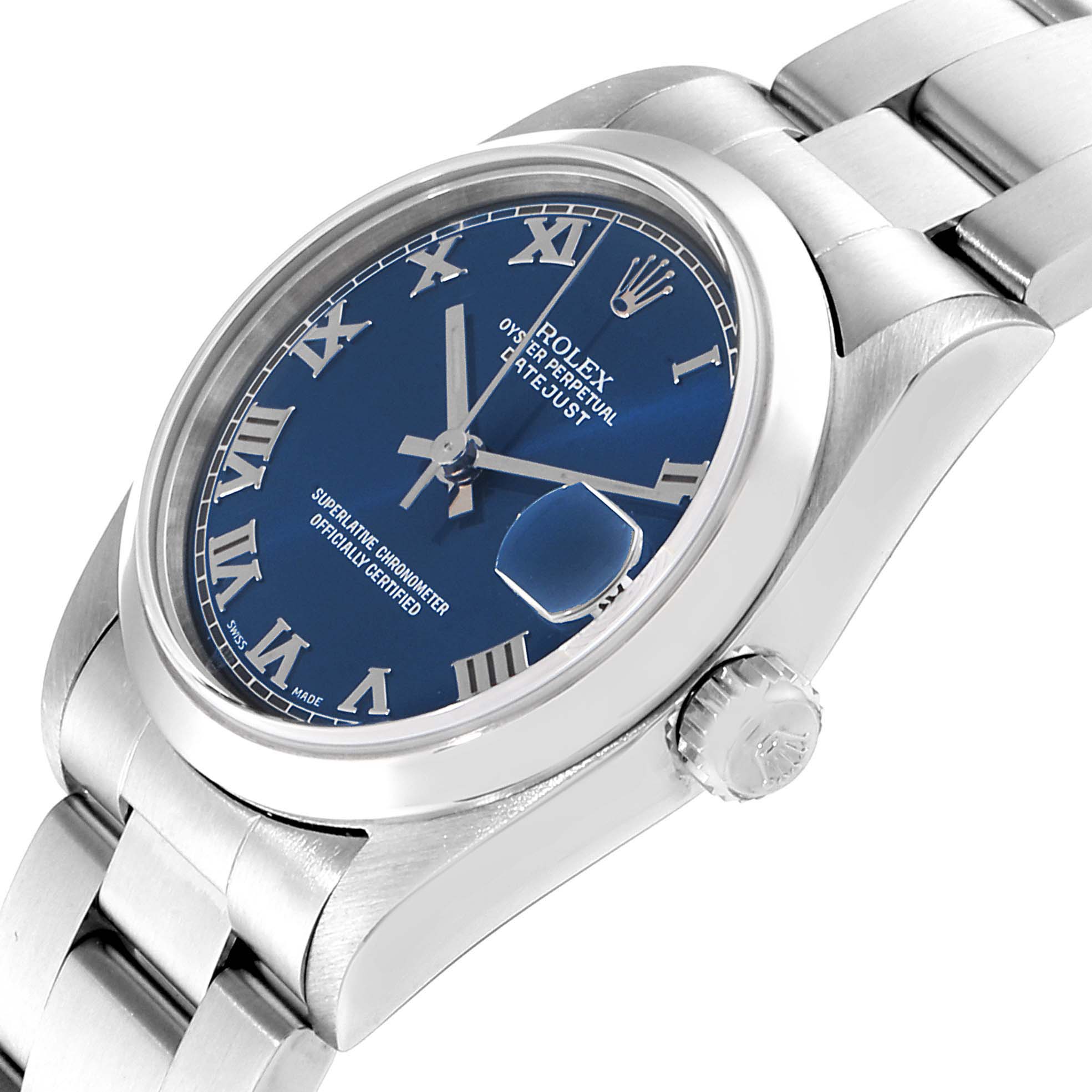 The image shows a side angle of a Rolex Mid-Size 78240 Women
s Stainless Steel Blue Dial 78240 Women
s Stainless Steel Blue Dial watch, highlighting the blue dial, crown, and metal bracelet.