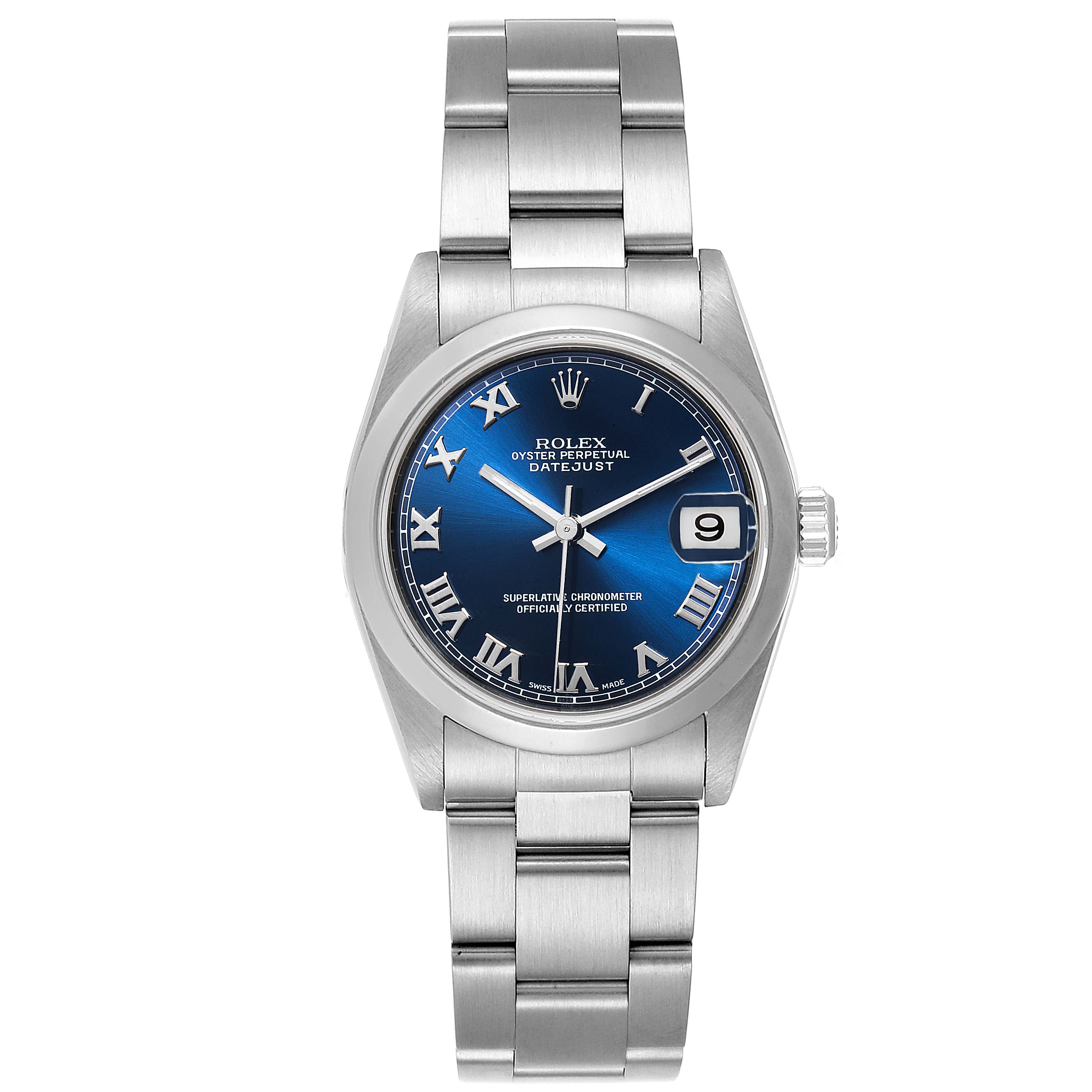 The image shows a front view of a Rolex Mid-Size 78240 Women
s Stainless Steel Blue Dial 78240 Women
s Stainless Steel Blue Dial Oyster Perpetual Datejust watch with a blue dial and Roman numerals.