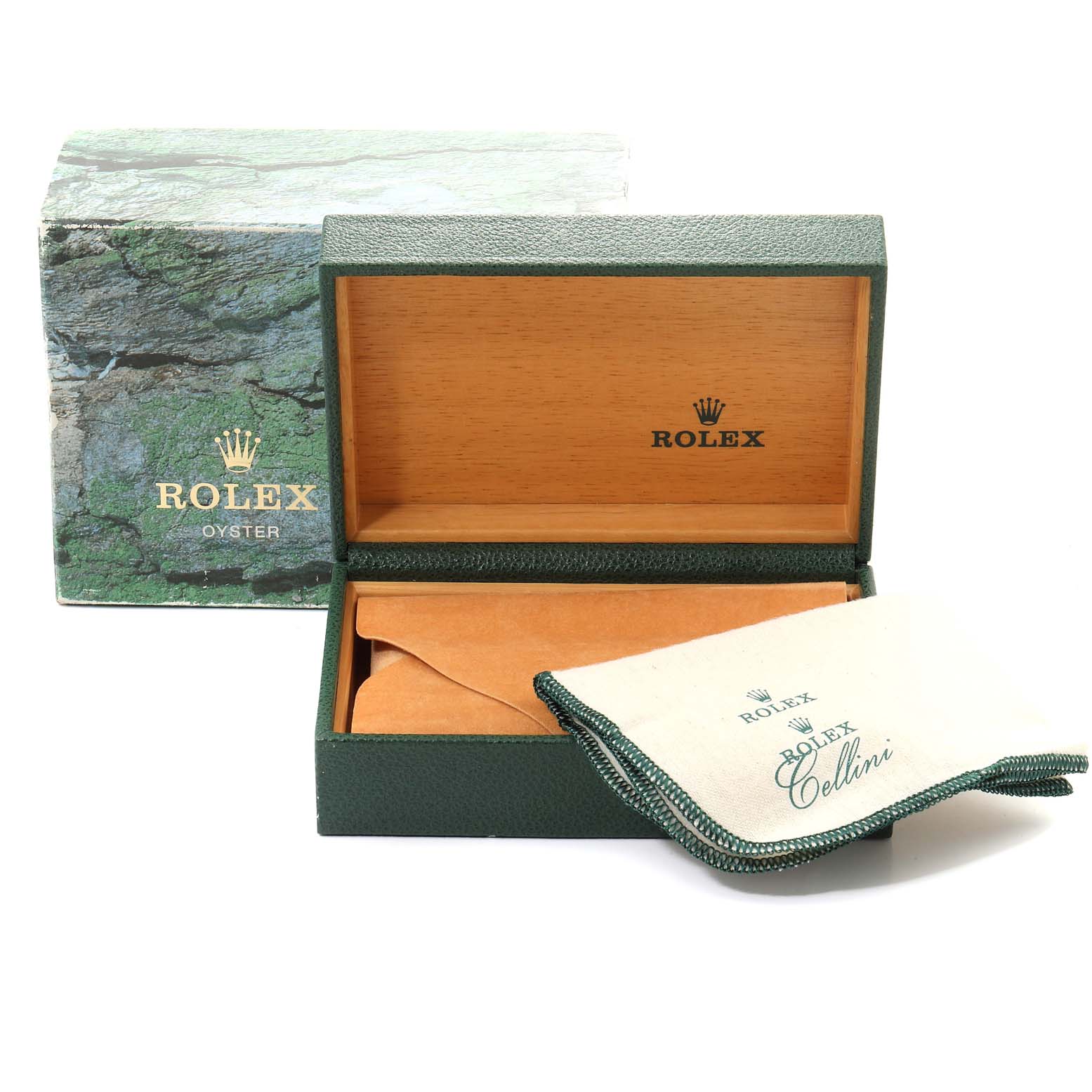This image shows an open Rolex watch box with branding and a Rolex Cellini cleaning cloth.