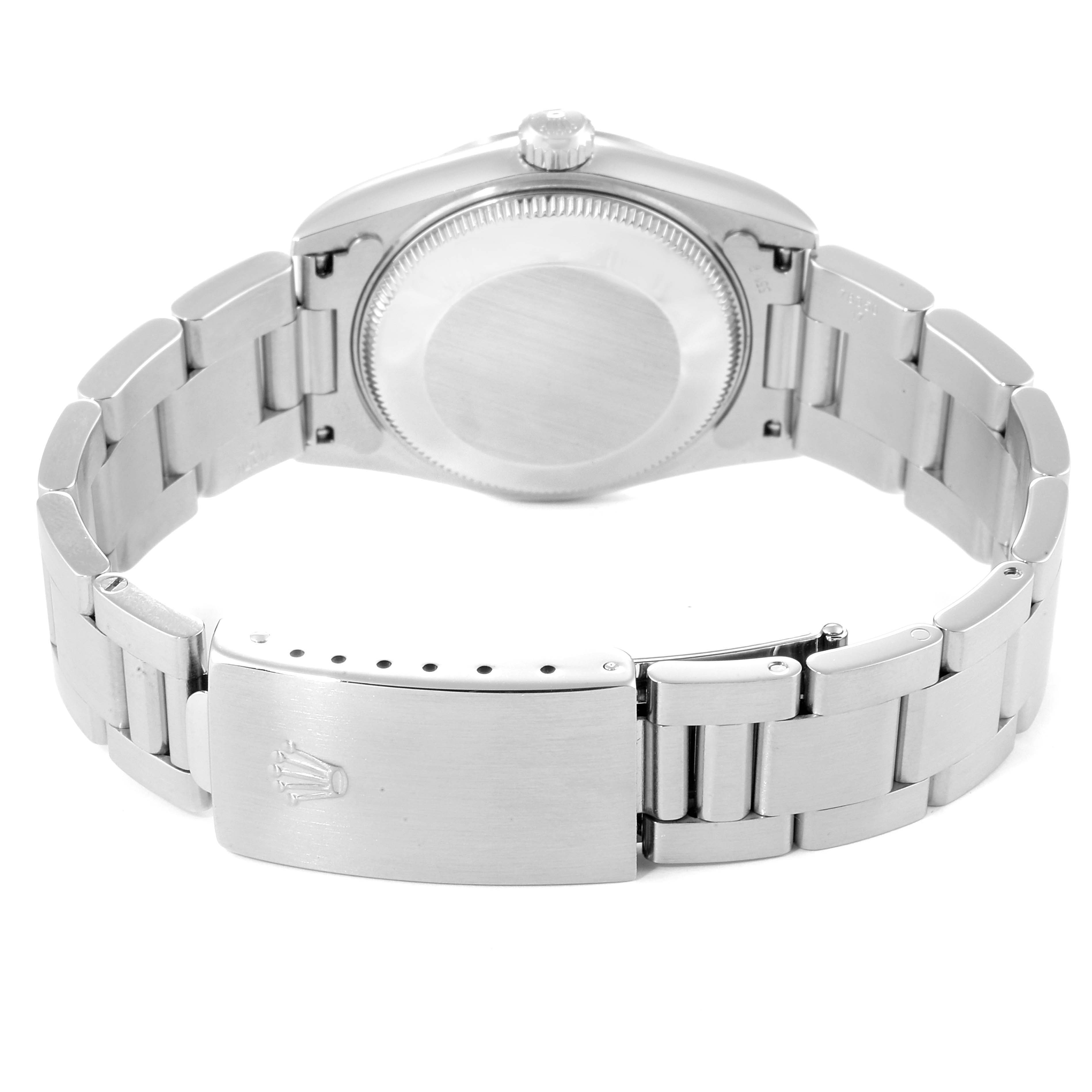 This image shows the back view of a Rolex Mid-Size 78240 Women
s Stainless Steel Blue Dial 78240 Women
s Stainless Steel Blue Dial watch, focusing on the case back, bracelet, and clasp.