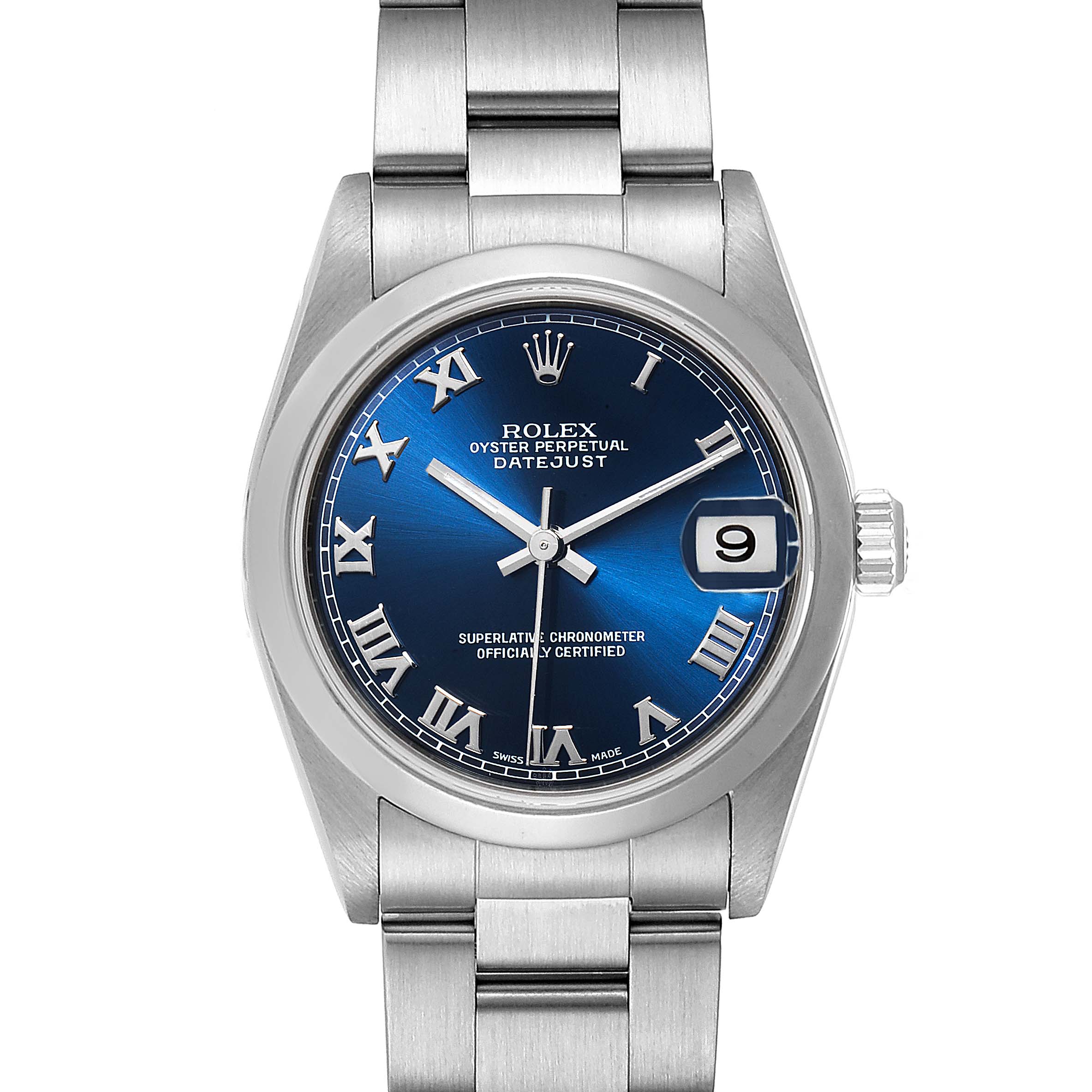 The image shows a front view of a Rolex Mid-Size 78240 Women
s Stainless Steel Blue Dial 78240 Women
s Stainless Steel Blue Dial Oyster Perpetual Datejust watch, featuring a blue dial with Roman numerals.