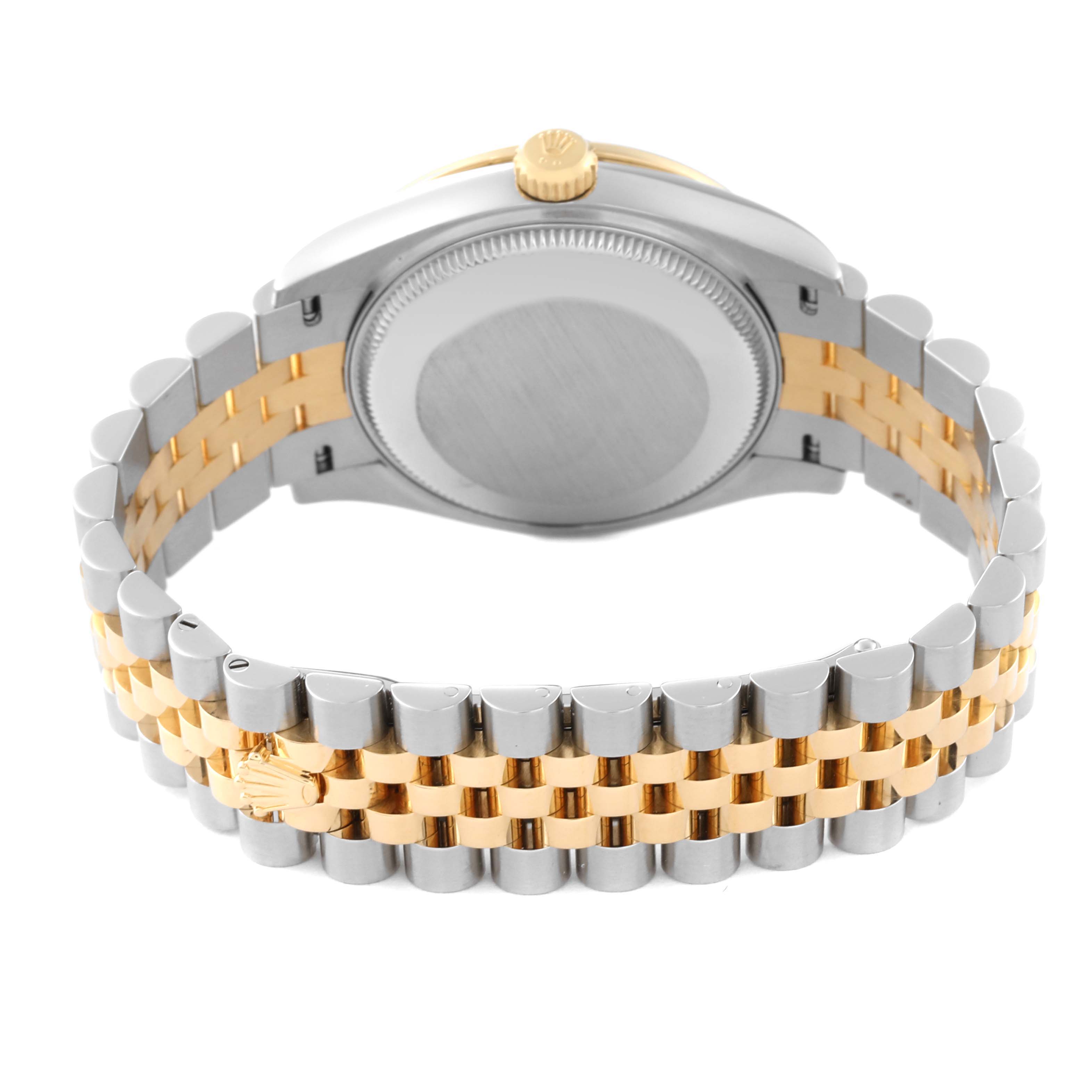 The image shows the back and part of the bracelet of a Rolex Mid-Size 278383 Women's Steel and Gold (two tone) Green Dial 278383 Women's Steel and Gold (two tone) Green Dial model watch.