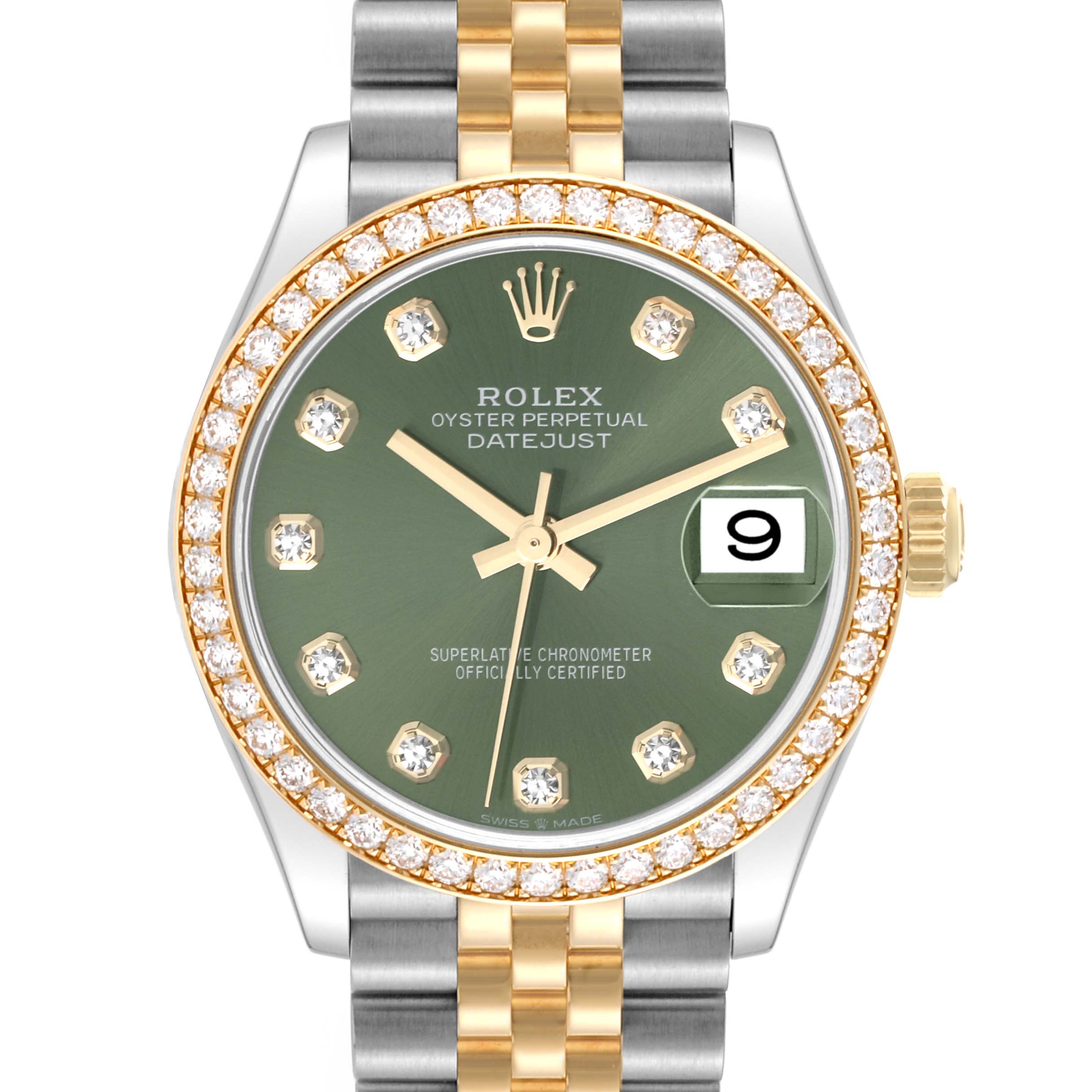 The Rolex Mid-Size 278383 Women's Steel and Gold (two tone) Green Dial 278383 Women's Steel and Gold (two tone) Green Dial Datejust watch is shown from the front, displaying the dial, bezel, and bracelet.