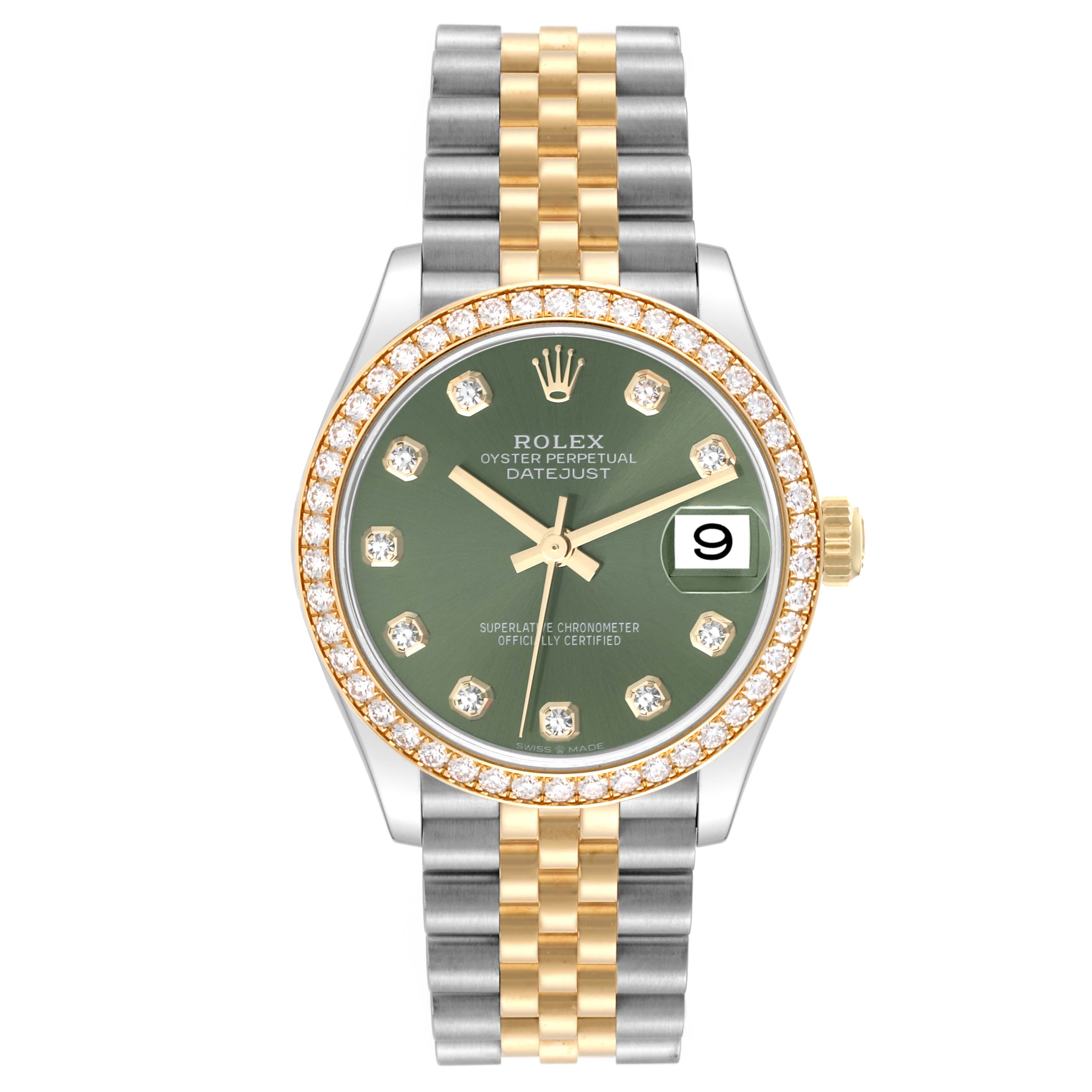This Rolex Mid-Size 278383 Women's Steel and Gold (two tone) Green Dial 278383 Women's Steel and Gold (two tone) Green Dial Datejust watch is shown from a front angle, highlighting its green dial, diamond hour markers, and two-tone bracelet.