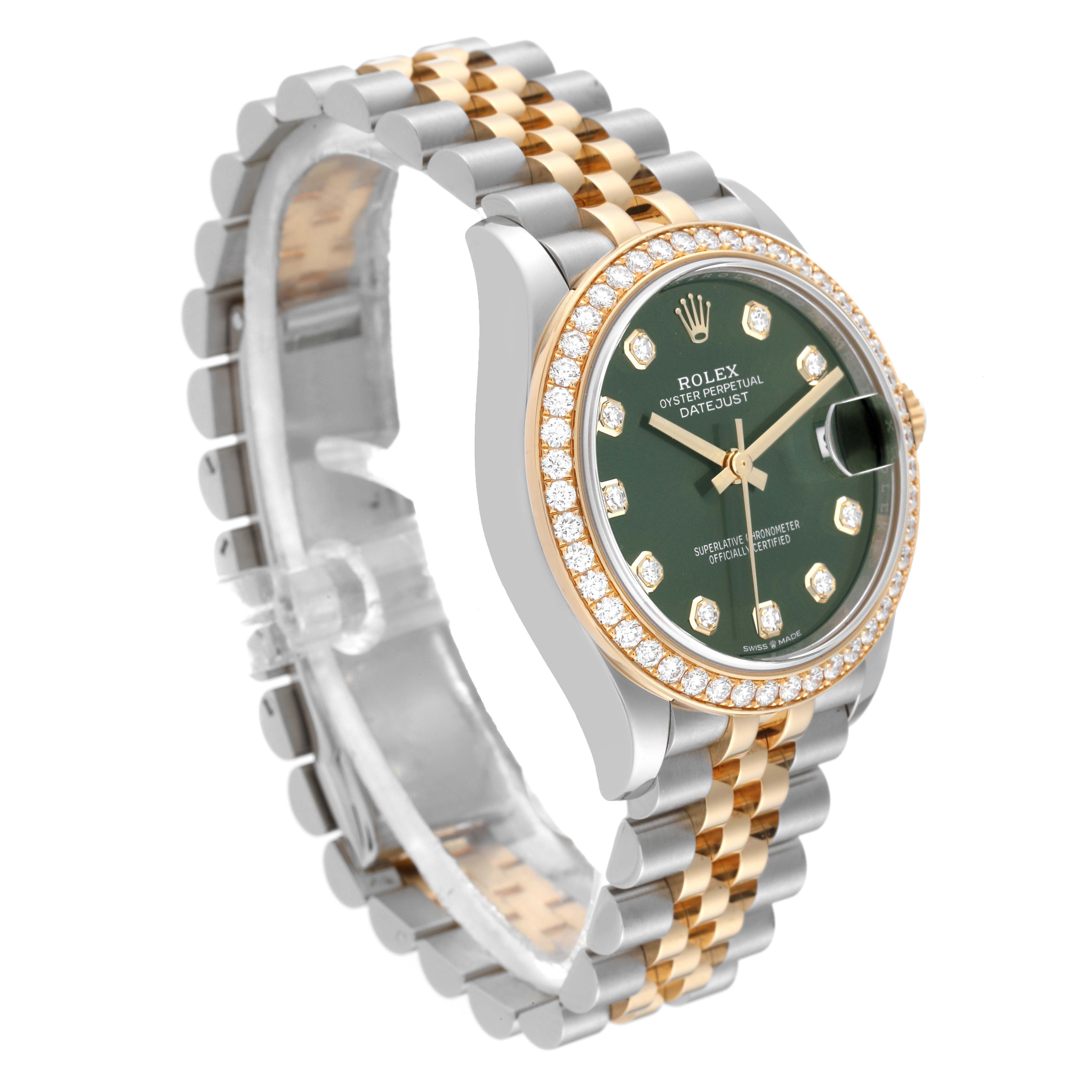 The image shows a side-angle view of a Rolex Mid-Size 278383 Women's Steel and Gold (two tone) Green Dial 278383 Women's Steel and Gold (two tone) Green Dial watch, highlighting its green dial, gold bezel with diamonds, and two-tone bracelet.