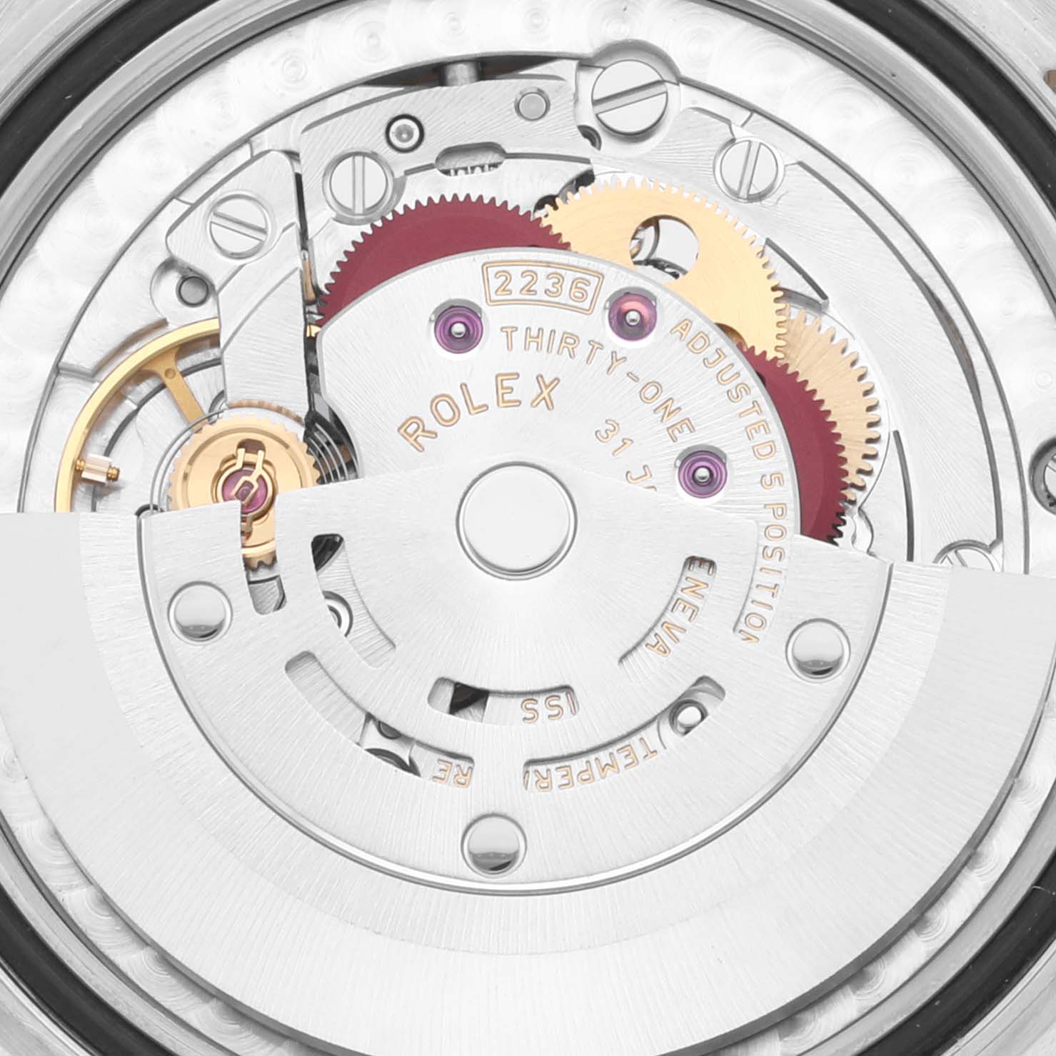 This is a close-up image of the movement mechanism of a Rolex Mid-Size 278383 Women's Steel and Gold (two tone) Green Dial 278383 Women's Steel and Gold (two tone) Green Dial model, showcasing its intricate internal components.